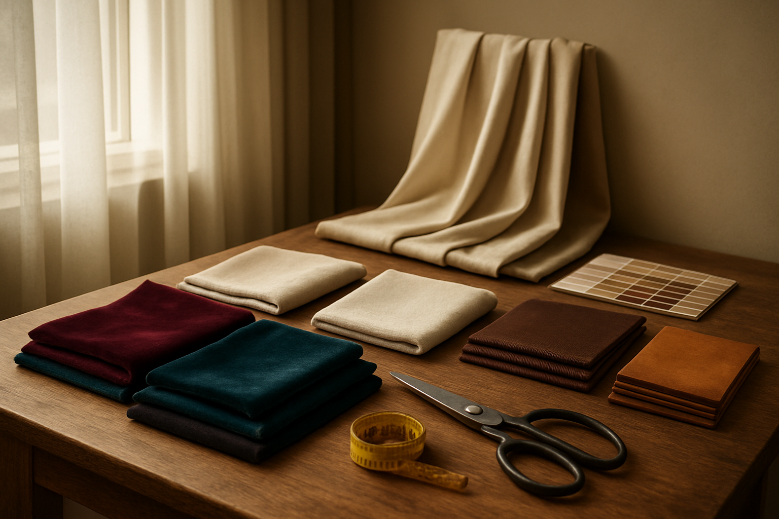 Create a realistic image of an elegant interior design showcase featuring various high-quality fabric samples and materials for sofas and curtains, including luxurious velvet swatches in deep jewel tones, silk curtain fabrics in neutral colors, premium leather samples, and cotton upholstery materials neatly arranged on a wooden table, with fabric scissors, measuring tape, and color coordination tools nearby, soft natural lighting streaming through a window creating gentle shadows, warm and sophisticated atmosphere suggesting craftsmanship and quality, absolutely NO text should be in the scene.