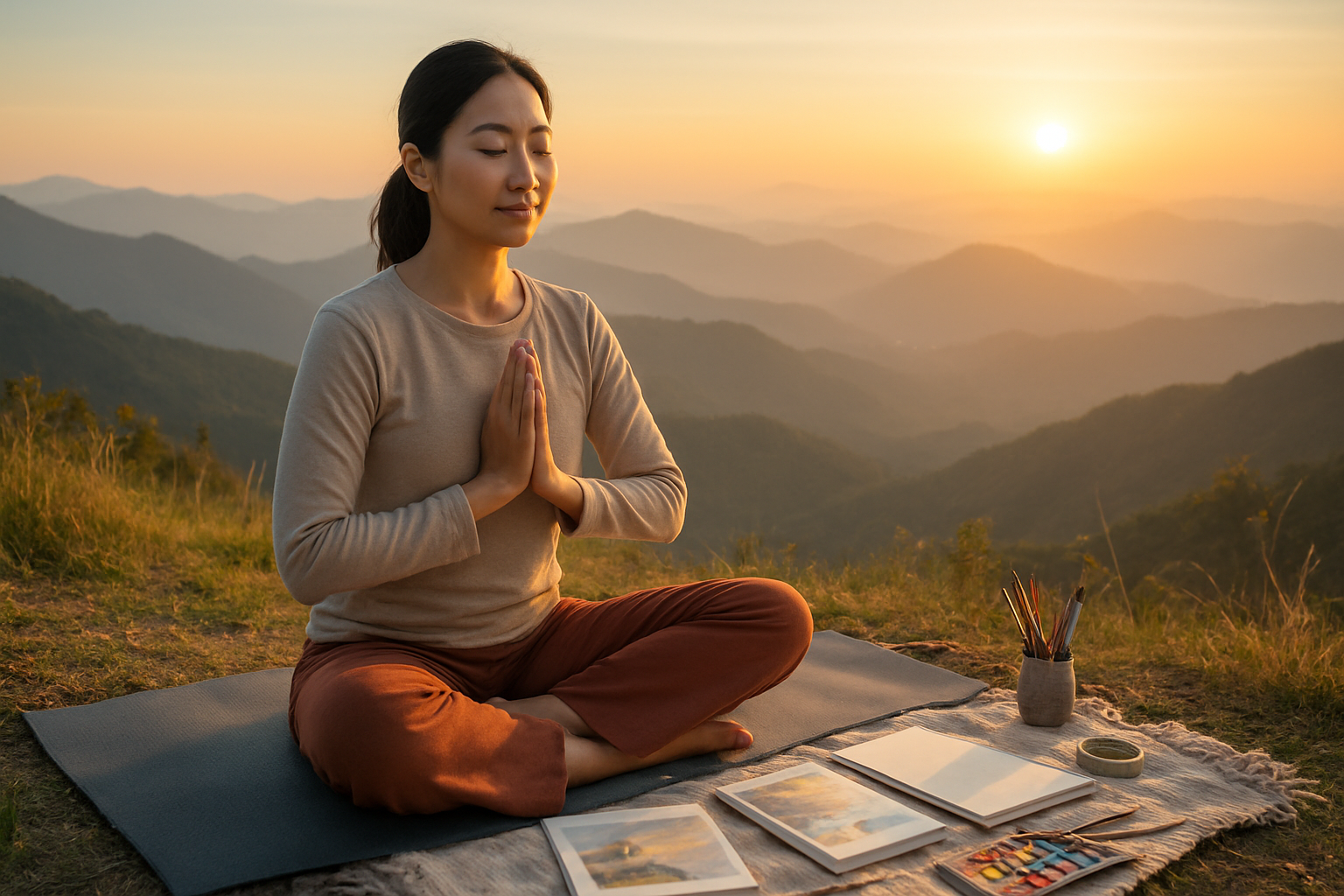 Create a realistic image of a serene Asian female traveler in her 30s sitting cross-legged on a yoga mat overlooking a breathtaking mountain landscape, practicing meditation with prayer hands, surrounded by art supplies including watercolor paints, sketchbooks, and brushes scattered on a blanket, with a peaceful sunrise casting golden light across distant peaks and valleys, creating a tranquil atmosphere that embodies mindful creativity and purposeful travel, absolutely NO text should be in the scene.