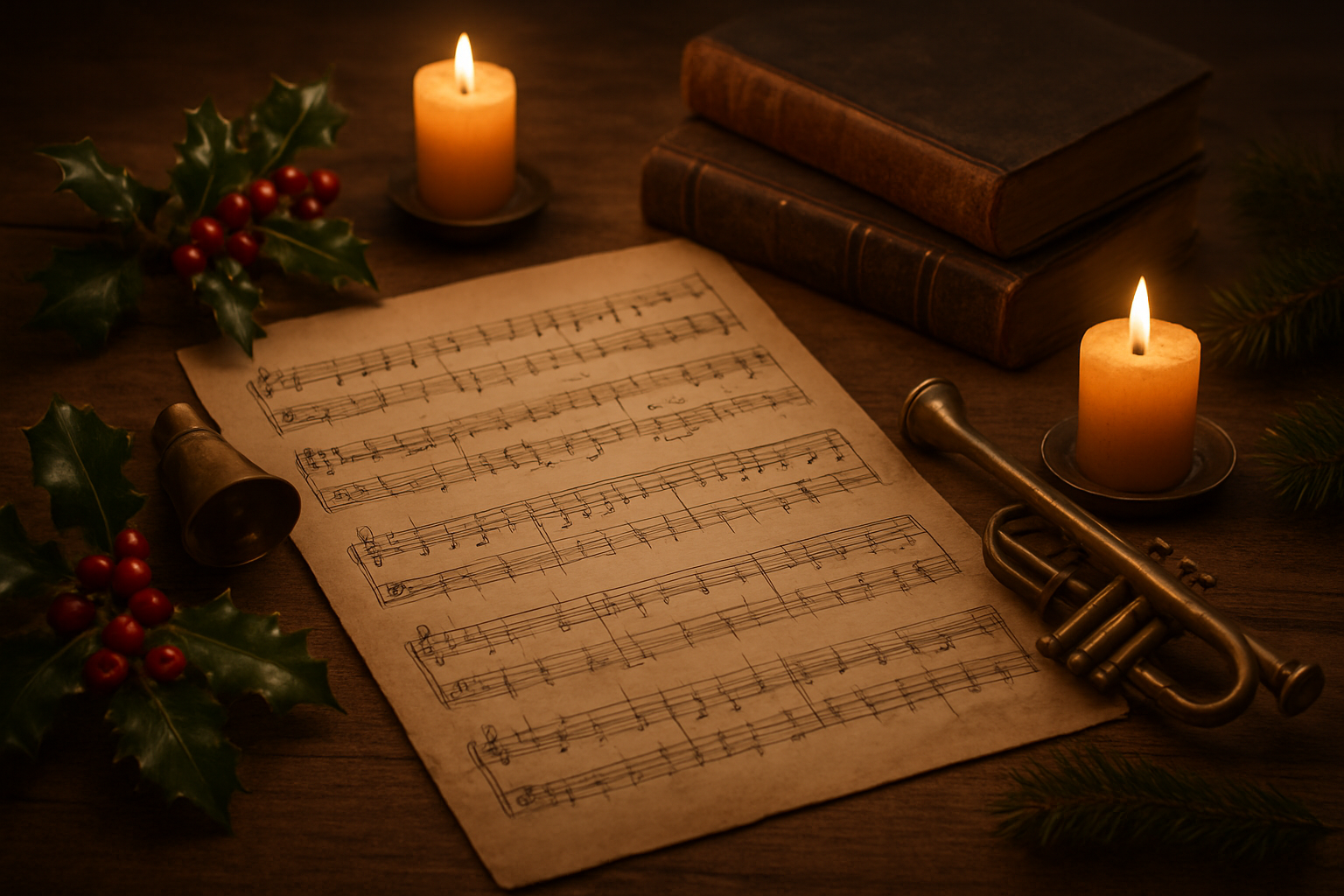 Create a realistic image of an elegant vintage music sheet with handwritten Christmas carol notes spread across a wooden table, surrounded by classic Christmas elements including holly branches with red berries, golden candles casting warm flickering light, antique brass musical instruments like a small bell and trumpet, aged leather-bound hymnals, and pine sprigs, all arranged in a cozy indoor setting with soft warm lighting creating gentle shadows, capturing a timeless and nostalgic atmosphere that represents the rich musical heritage and enduring tradition of Christmas carols, absolutely NO text should be in the scene.