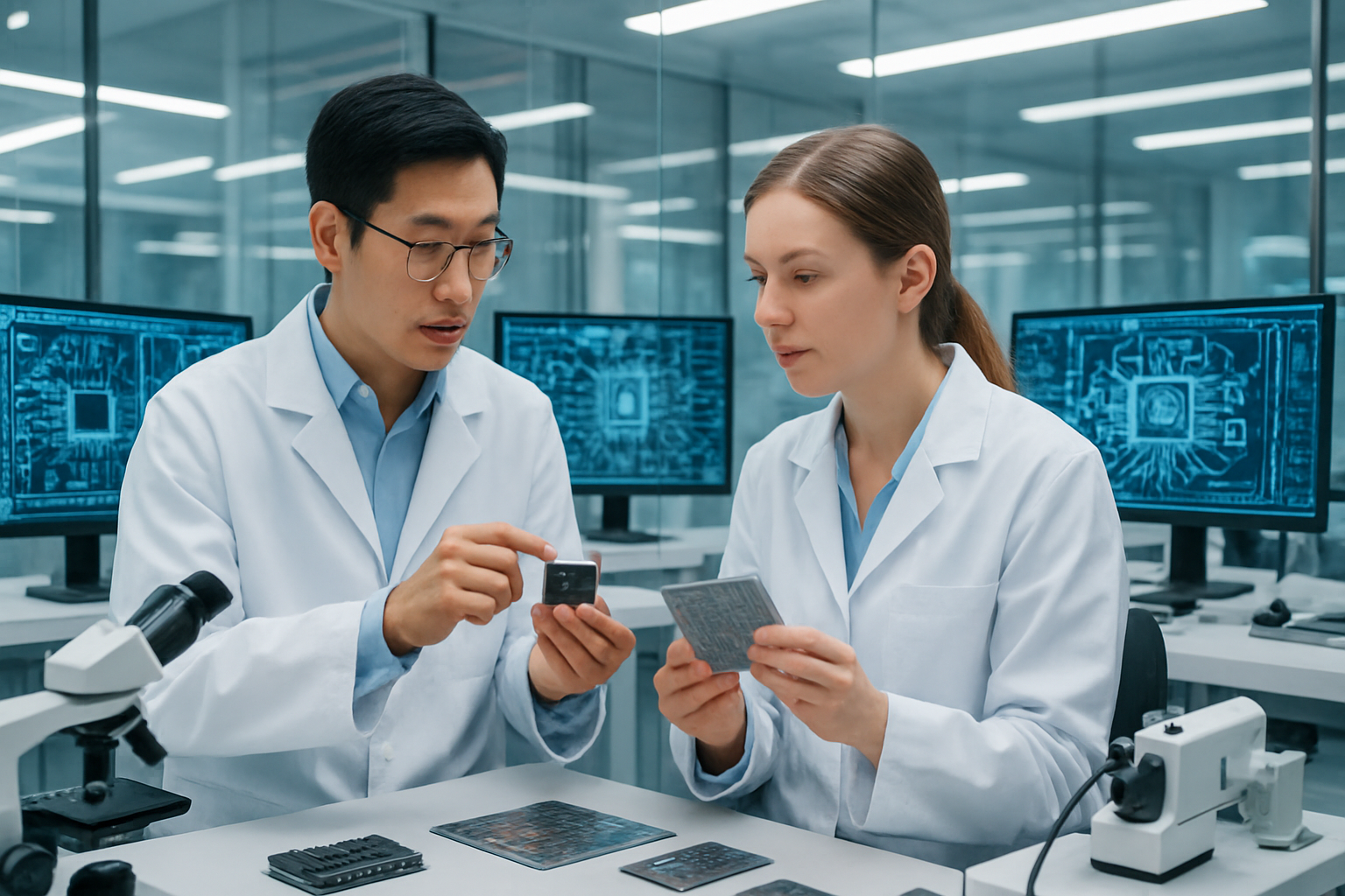 Create a realistic image of a modern high-tech research laboratory with advanced computer workstations displaying complex circuit designs and AI chip schematics, featuring Asian male and white female engineers in lab coats collaborating over semiconductor prototypes, surrounded by sophisticated testing equipment, microscopes, and development tools, with bright LED lighting illuminating clean white surfaces and glass panels, conveying an atmosphere of innovation and cutting-edge technology development, absolutely NO text should be in the scene.
