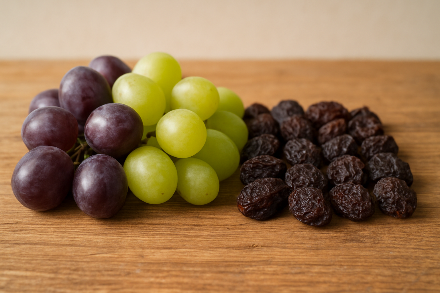 Create a realistic image of fresh grapes in various stages of transformation to raisins, showing plump purple and green grapes on one side gradually transitioning to wrinkled dark raisins on the other side, arranged on a rustic wooden surface with natural daylight illuminating the scene, displaying the clear contrast between fresh fruit and dried fruit to demonstrate the basic nature of raisins, with a clean neutral background and warm natural lighting. Absolutely NO text should be in the scene.