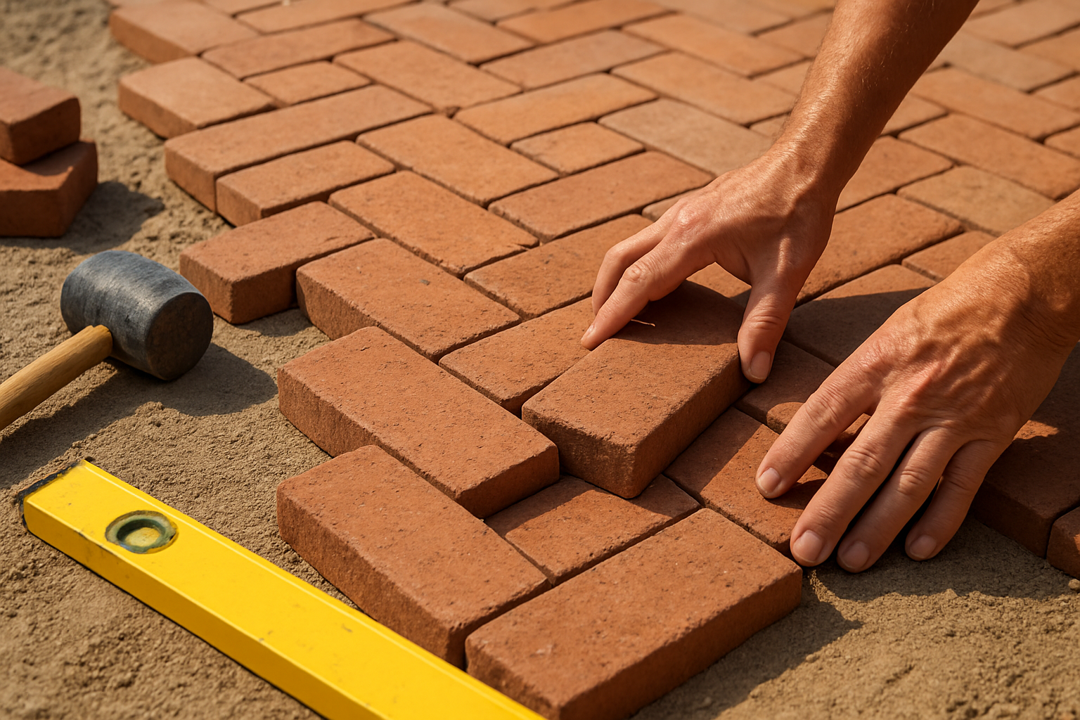 Create a realistic image of hands carefully placing red clay bricks in a herringbone pattern on a level sand base, showing the methodical process of laying bricks with proper spacing and alignment, surrounded by a partially completed brick patio area with loose bricks nearby, a rubber mallet and level tool visible on the ground, natural outdoor lighting creating soft shadows, photographed from a close-up angle to emphasize the detailed craftsmanship of the brick laying technique, absolutely NO text should be in the scene.