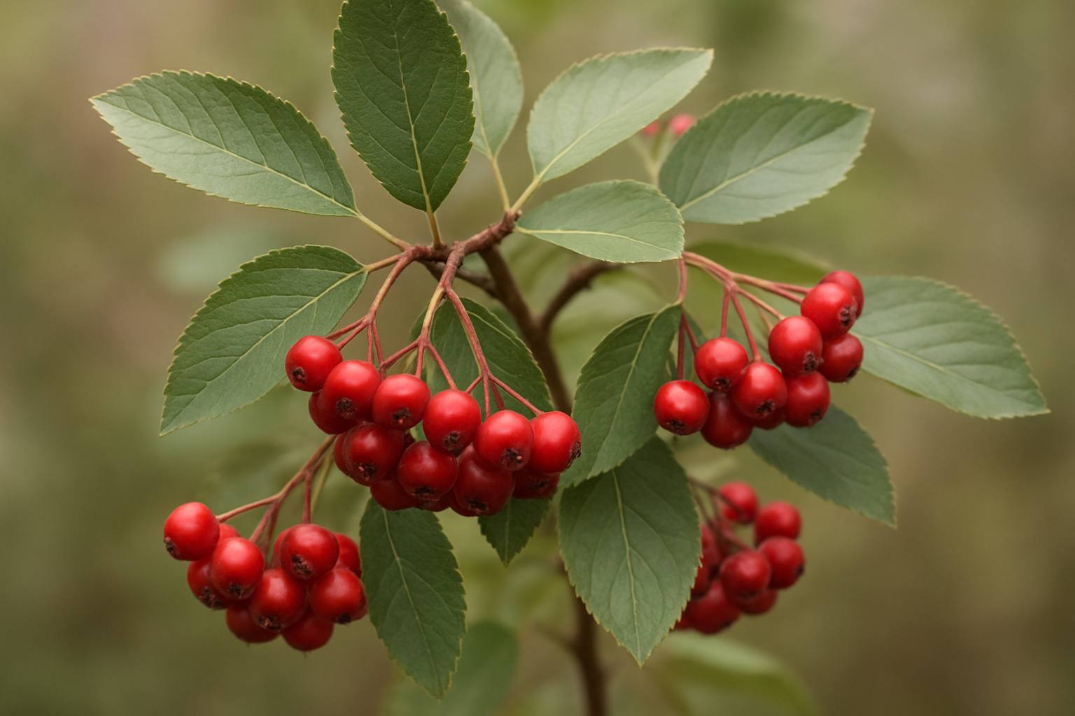 Create a realistic image of red chokeberry branches displaying detailed botanical features including clusters of small bright red berries, serrated oval-shaped leaves with visible leaf veins, brown woody stems, and close-up view showing the distinctive characteristics of the plant against a soft blurred natural background with gentle natural lighting to emphasize the plant's identifying features, absolutely NO text should be in the scene.