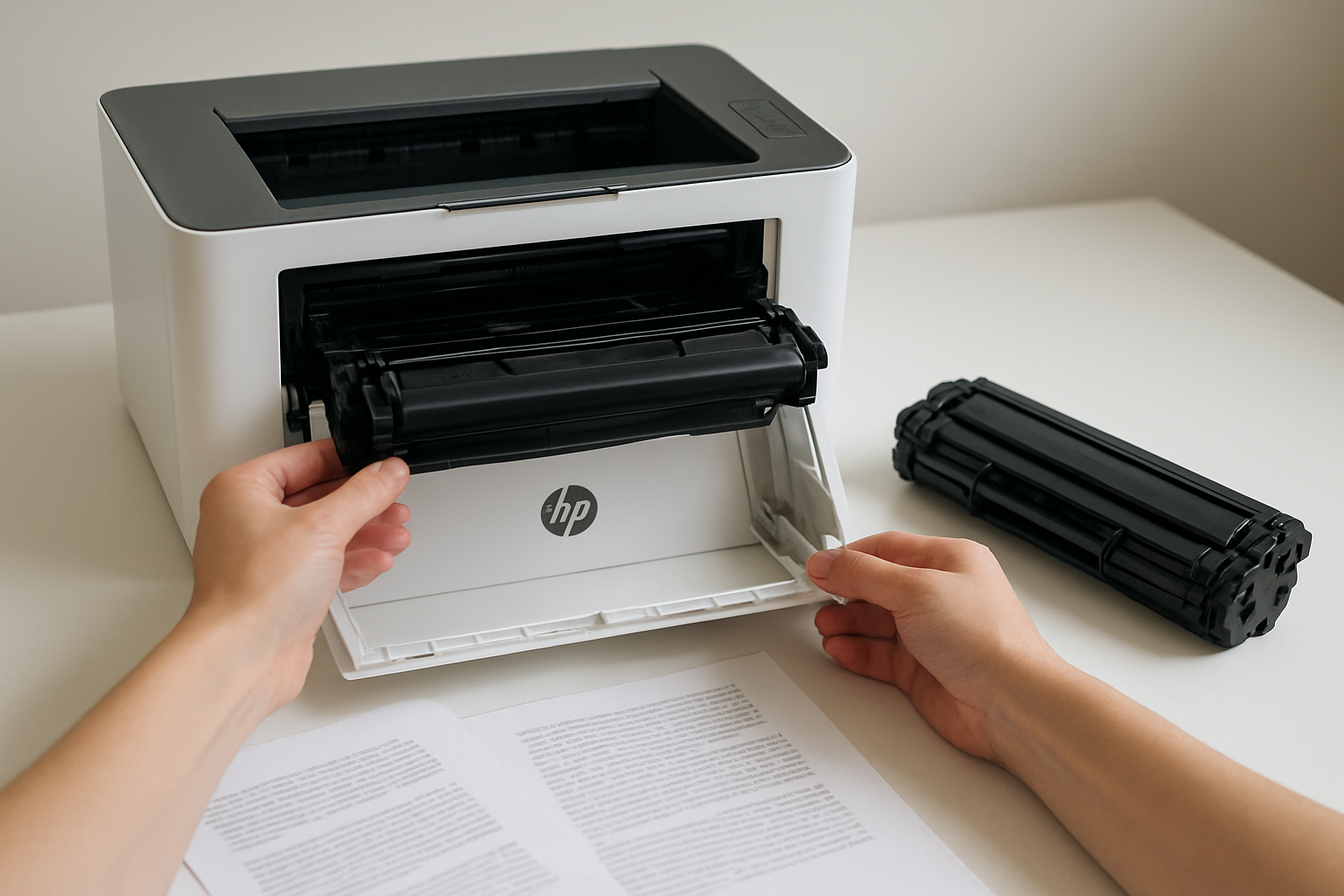 Create a realistic image of an HP 108w printer with its front cover open revealing the toner cartridge compartment, showing a partially used black toner cartridge being carefully removed by hands, with a new replacement toner cartridge sitting nearby on a clean white desk surface, soft natural lighting from above illuminating the scene, and a few printed pages with faded text quality scattered around to indicate low toner levels, absolutely NO text should be in the scene.