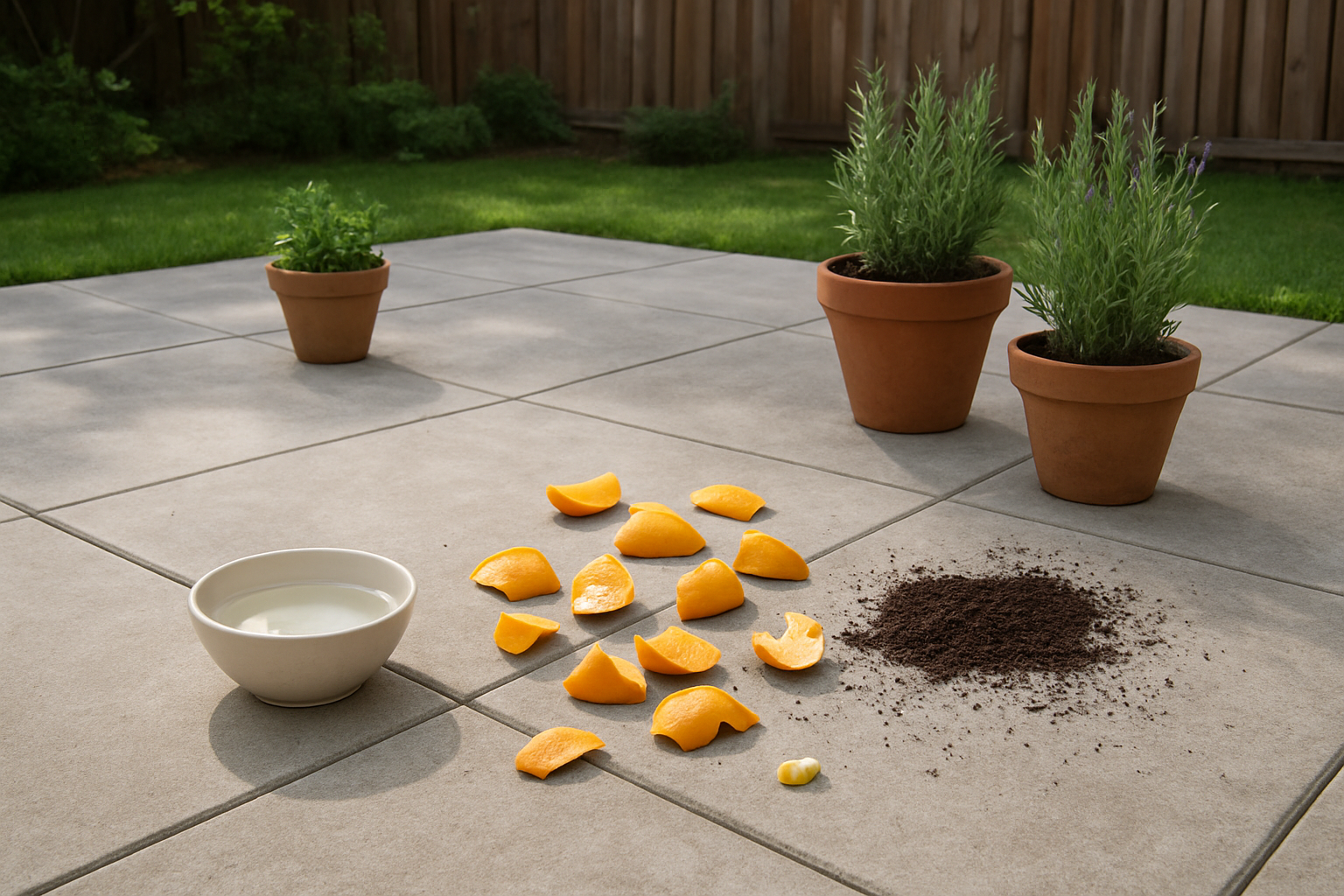 Create a realistic image of a concrete patio area with various natural deterrent items strategically placed around the surface, including small bowls of white vinegar, scattered citrus peels (orange and lemon rinds), coffee grounds sprinkled on the ground, and a few potted plants with strong-scented herbs like rosemary and lavender, set in a residential backyard with natural daylight, clean and organized appearance, absolutely NO text should be in the scene.