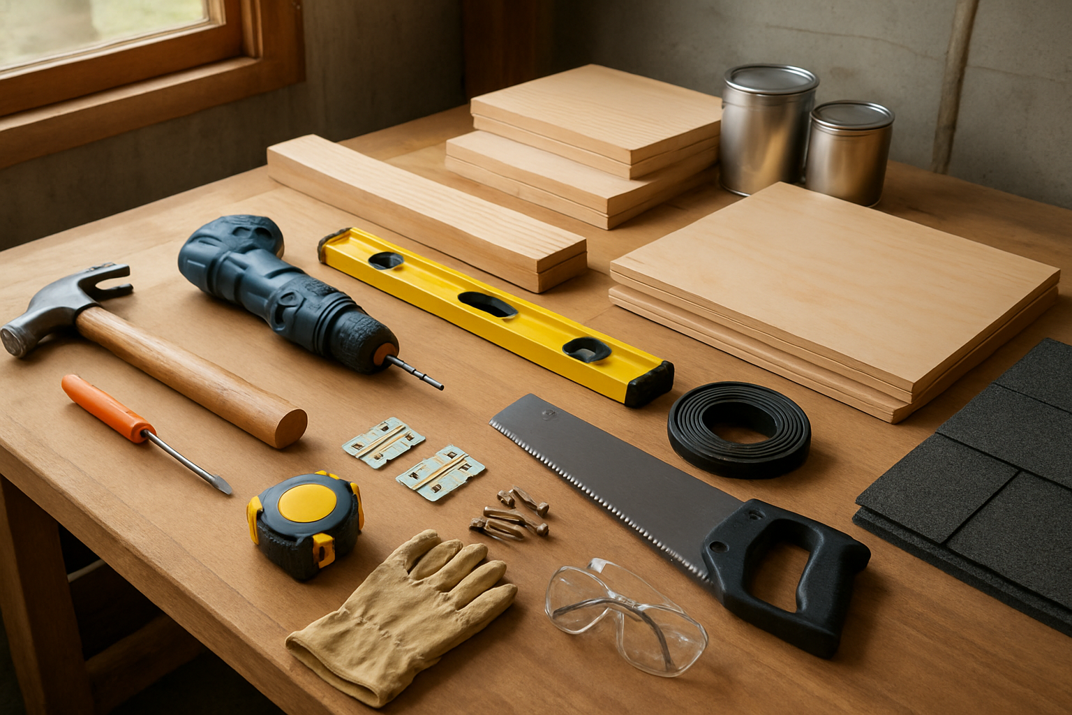 Create a realistic image of a well-organized workspace showing essential construction tools and materials for building a dog house, including a hammer, drill, screwdriver, measuring tape, level, saw, wood screws, hinges, weather stripping, wooden boards, plywood sheets, roofing shingles, wood stain or paint cans, sandpaper, and safety equipment like work gloves and safety glasses, all neatly arranged on a wooden workbench in a garage or workshop setting with natural lighting coming through a window, creating a beginner-friendly and approachable atmosphere, absolutely NO text should be in the scene.