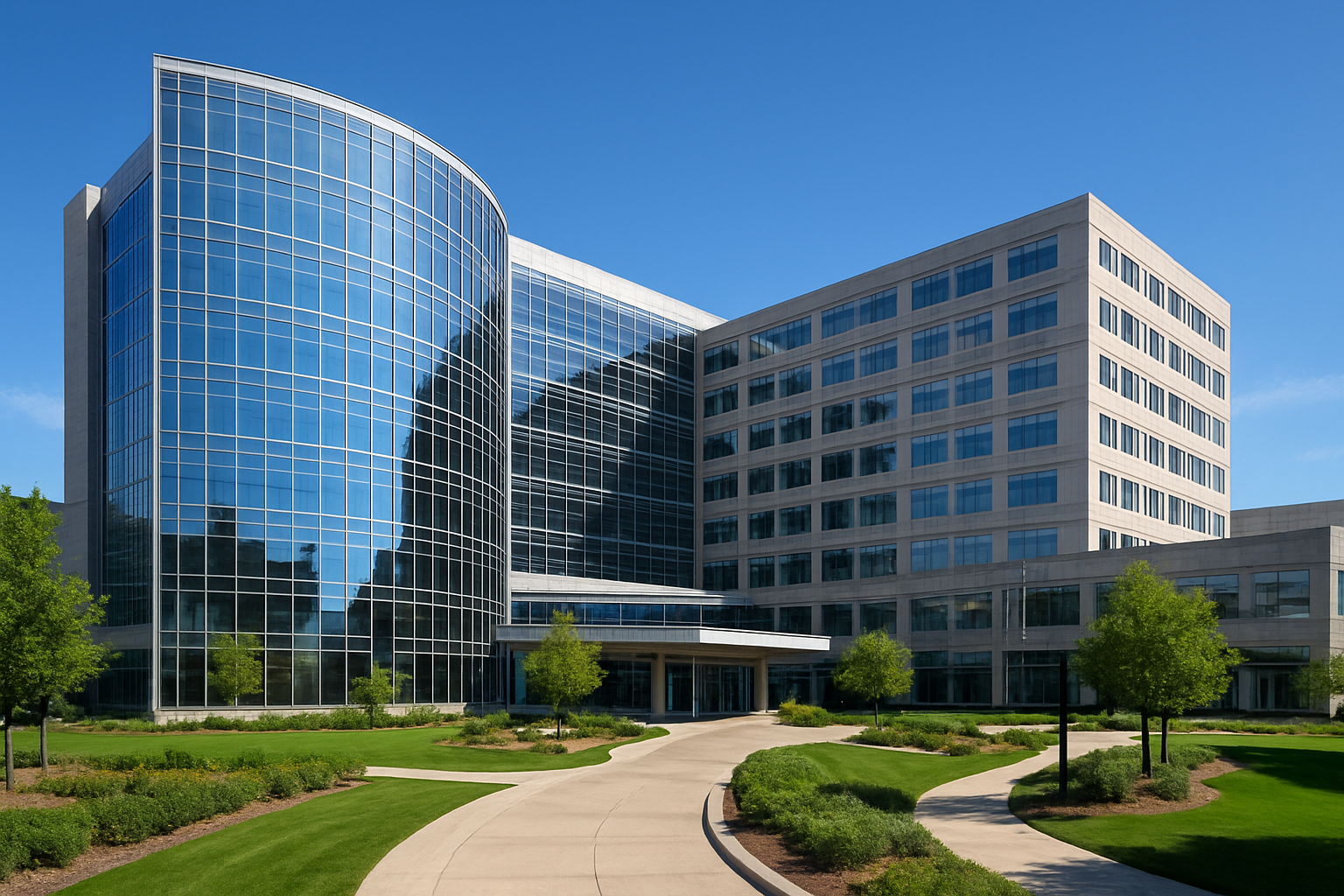 Create a realistic image of the iconic Mayo Clinic building in Rochester, Minnesota, featuring the modern glass and steel medical complex with its distinctive architectural design, surrounded by well-maintained landscaping and walkways, under bright daylight with clear blue skies, showcasing the professional and advanced healthcare facility atmosphere, with the building's contemporary facade prominently displayed, absolutely NO text should be in the scene.