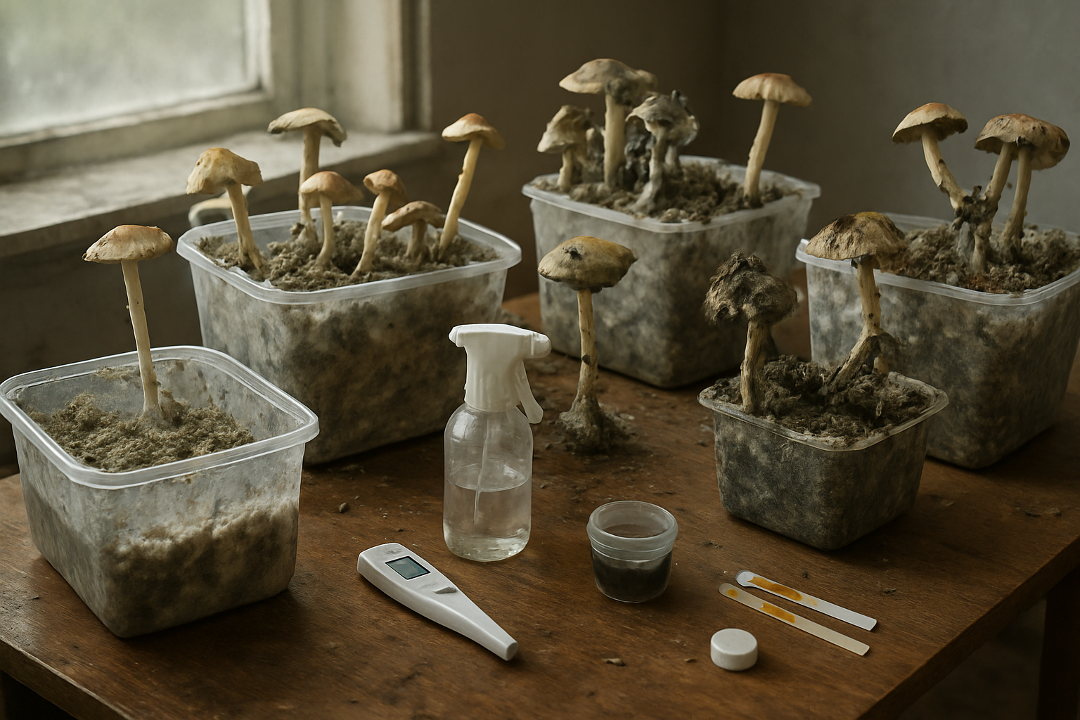Create A Realistic Image Of A Cluttered Indoor Growing Setup Showing Various Mushroom Cultivation Problems Including Contaminated Grow Kits With Visible Mold, Wilted Or Discolored Mushroom Caps, Dried Out Substrate, Overly Wet Conditions With Standing Water, And Scattered Growing Supplies Like Spray Bottles, Thermometers, And Ph Testing Strips On A Wooden Table, With Natural Window Lighting Creating A Concerned Troubleshooting Atmosphere, Absolutely No Text Should Be In The Scene.