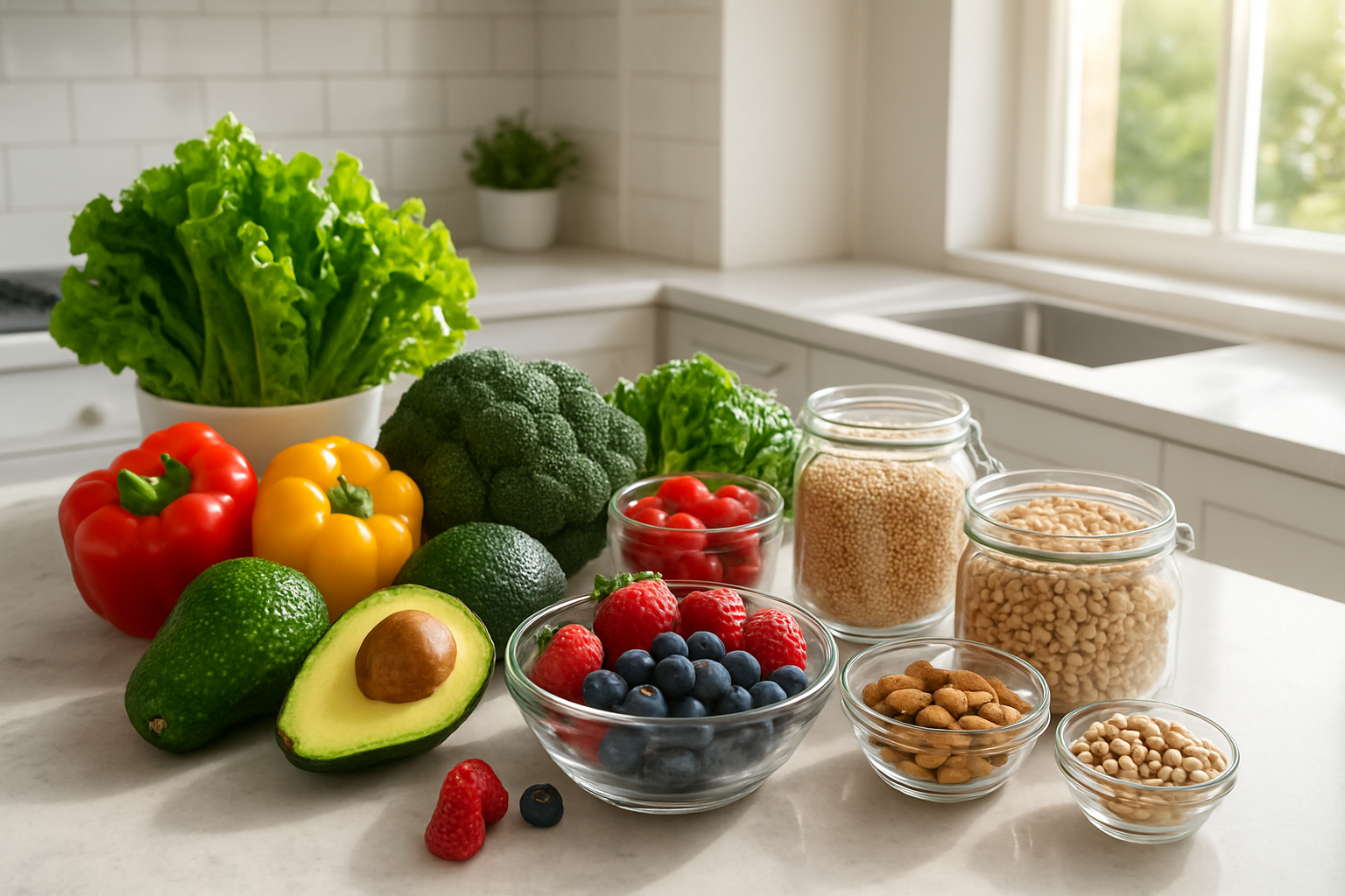 Create a realistic image of a bright, modern kitchen counter with fresh colorful vegetables, fruits, whole grains, and healthy ingredients artfully arranged, including vibrant leafy greens, bell peppers, avocados, berries, quinoa, and nuts in glass containers, with natural morning sunlight streaming through a window, creating a clean and inspiring atmosphere that represents simple daily nutrition changes, absolutely NO text should be in the scene.