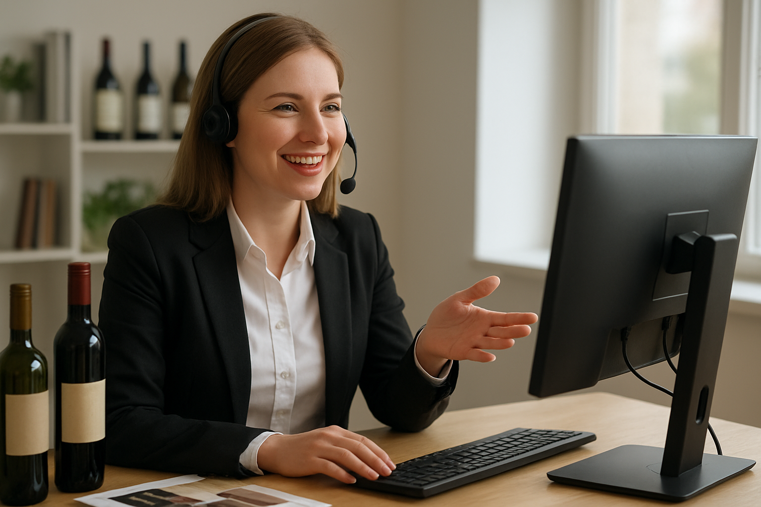Create a realistic image of a professional customer service representative, white female, wearing a headset and business attire, sitting at a modern desk with a computer monitor, speaking warmly while gesturing helpfully, surrounded by wine bottles and wine-related materials in a clean, well-lit office environment with soft natural lighting from a window, conveying excellent customer support quality, absolutely NO text should be in the scene.