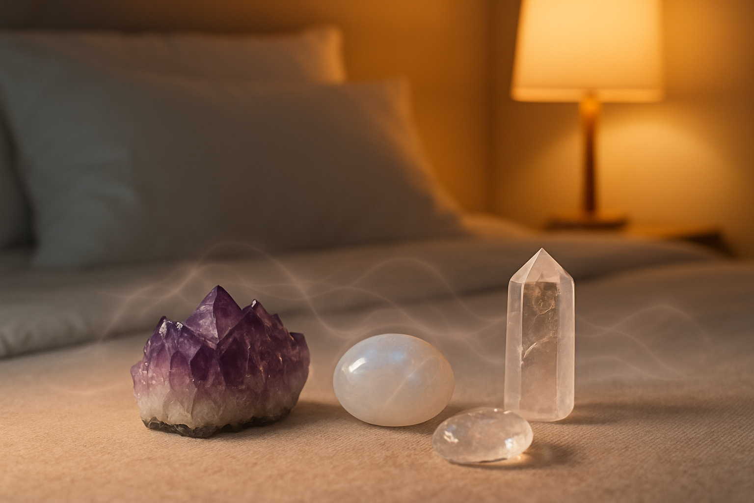 Create a realistic image of various healing crystals arranged on a soft bedside table surface including amethyst, moonstone, and clear quartz specimens, with a peaceful bedroom setting in the background featuring white linens and pillows, gentle warm amber lighting from a bedside lamp creating a calming atmosphere, with subtle energy waves or soft glowing auras emanating from the crystals to represent their sleep-supporting properties, shot during evening hours with a serene and tranquil mood. Absolutely NO text should be in the scene.