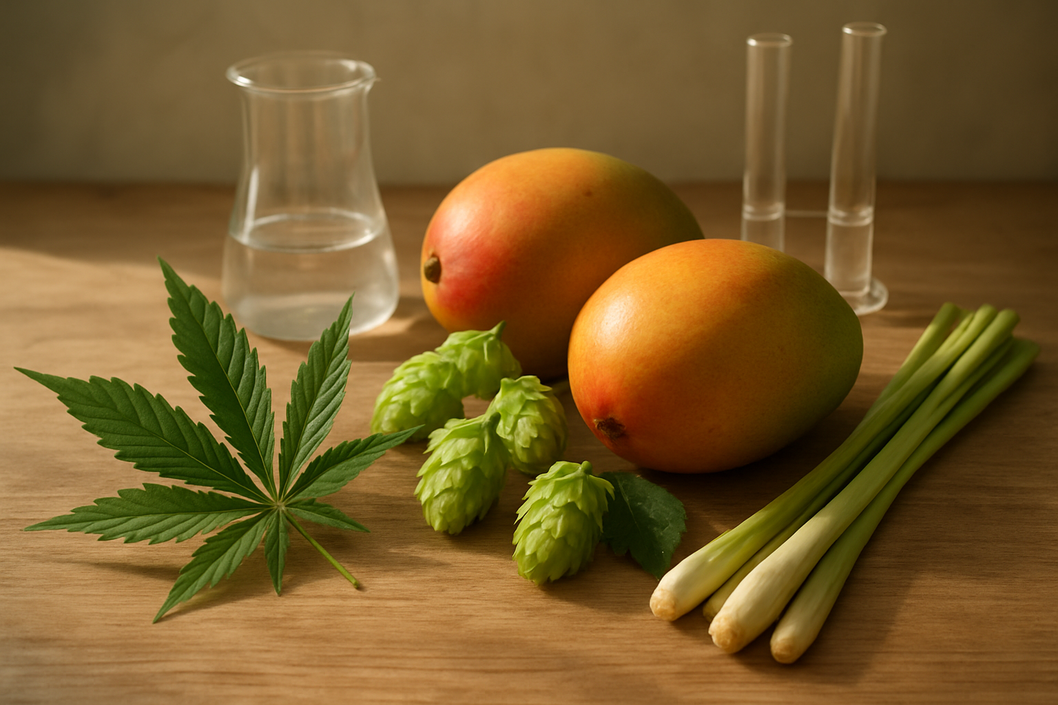Create a realistic image of a serene botanical composition featuring fresh green cannabis leaves, mangoes, hops flowers, and lemongrass arranged on a natural wooden surface, with soft natural lighting filtering through the scene, creating gentle shadows and highlighting the rich textures and colors of these myrcene-rich plants, surrounded by subtle laboratory glassware including a clear beaker and test tubes in the background, conveying a sense of scientific understanding and natural discovery, with warm earth tones and a clean, educational atmosphere that suggests conclusion and knowledge gained, absolutely NO text should be in the scene.