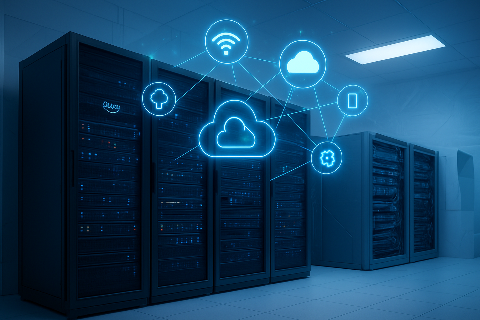 Create a realistic image of a modern cloud infrastructure foundation scene showing AWS server racks and networking equipment in a professional data center, with glowing blue IoT device icons and connection lines floating above the hardware representing wireless connectivity, clean white and blue lighting creating a high-tech atmosphere, geometric architectural elements suggesting scalable foundation blocks, and subtle circuit board patterns in the background, absolutely NO text should be in the scene.