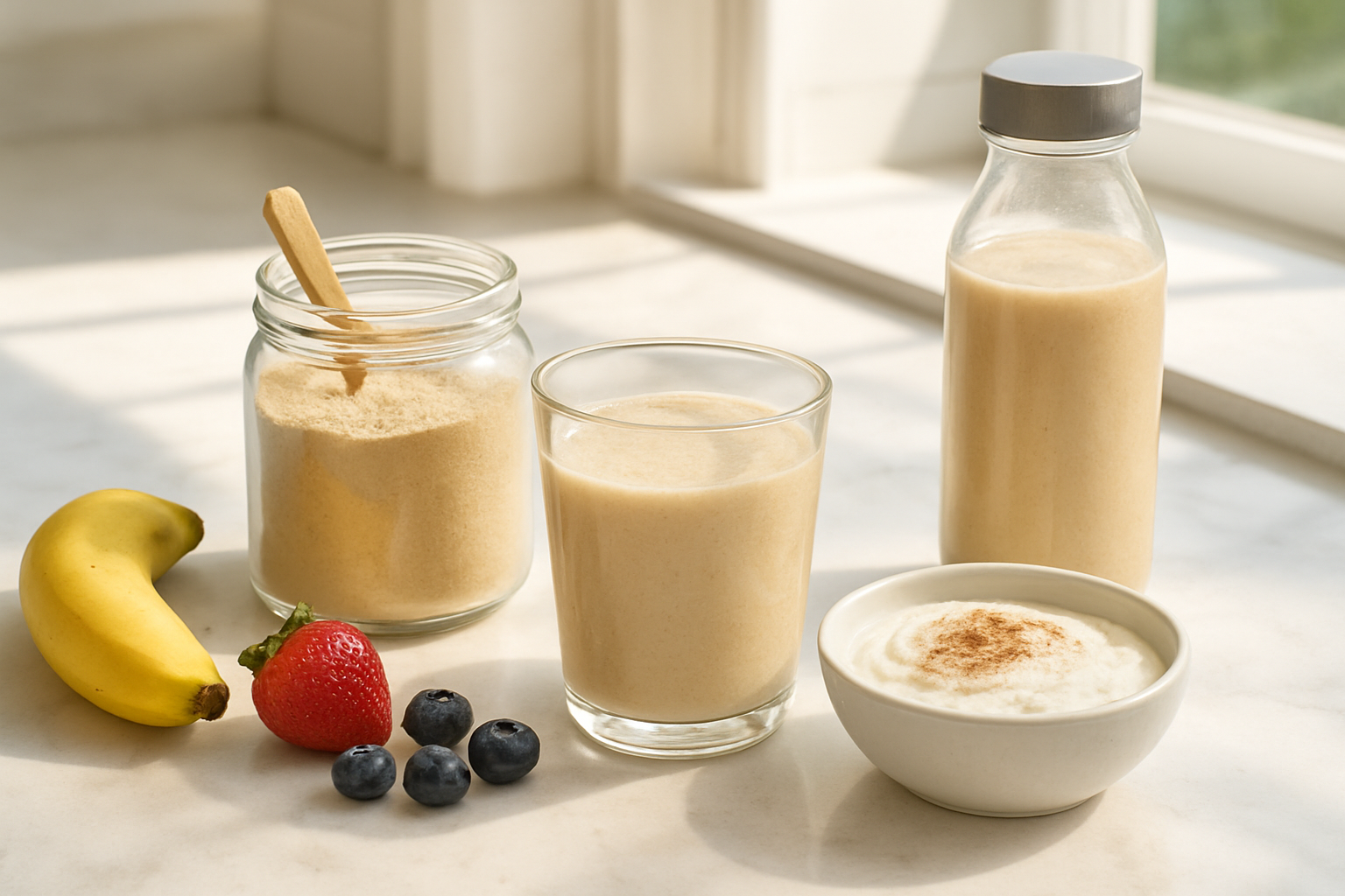 Create a realistic image of a modern kitchen counter scene showing various ways to use baobab fruit powder, featuring a glass of smoothie with baobab powder being stirred in, a bowl of yogurt topped with baobab powder, a jar of baobab fruit powder with a wooden spoon, fresh fruits like bananas and berries nearby, and a water bottle with baobab powder mixed in, all arranged on a clean white marble countertop with natural morning sunlight streaming through a nearby window, creating a healthy lifestyle atmosphere, absolutely NO text should be in the scene.