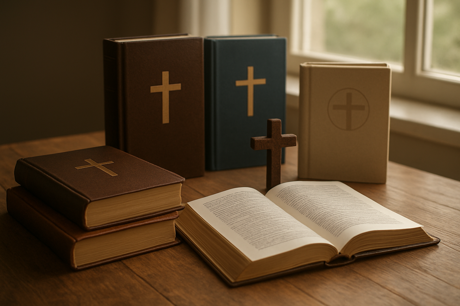 Create a realistic image of several Christian faith-based books and devotionals arranged on a wooden table surface, with soft natural lighting coming from a nearby window, featuring books with visible crosses and religious symbols on their covers, alongside an open devotional showing pages with inspirational content, a small wooden cross as a decorative element, and a warm, peaceful atmosphere that conveys spiritual growth and inspiration, absolutely NO text should be in the scene.