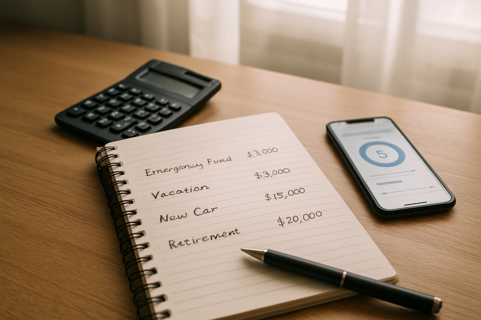 Create a realistic image of a clean, organized desk scene with a notebook open showing handwritten financial goals and target amounts, a calculator, pen, and smartphone displaying a budgeting app, with soft natural lighting coming through a window, creating a calm and focused atmosphere for financial planning, absolutely NO text should be in the scene.