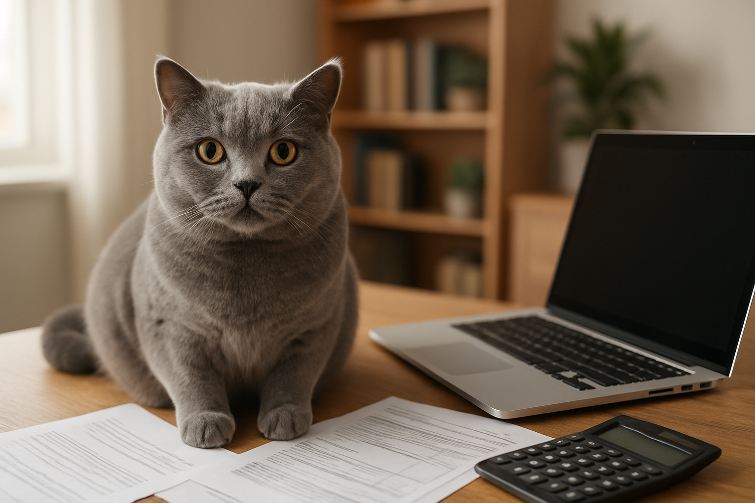 Create a realistic image of a beautiful British Shorthair cat with classic blue-gray fur sitting on a modern desk next to a laptop computer, with scattered insurance documents and a calculator visible on the wooden desk surface, soft natural lighting from a nearby window creating a professional yet cozy home office atmosphere, the cat looking directly at the camera with its characteristic round eyes and plush coat, background showing blurred bookshelves and indoor plants to suggest a well-organized workspace where someone might research pet insurance options, warm and trustworthy mood with clean modern aesthetics, absolutely NO text should be in the scene.