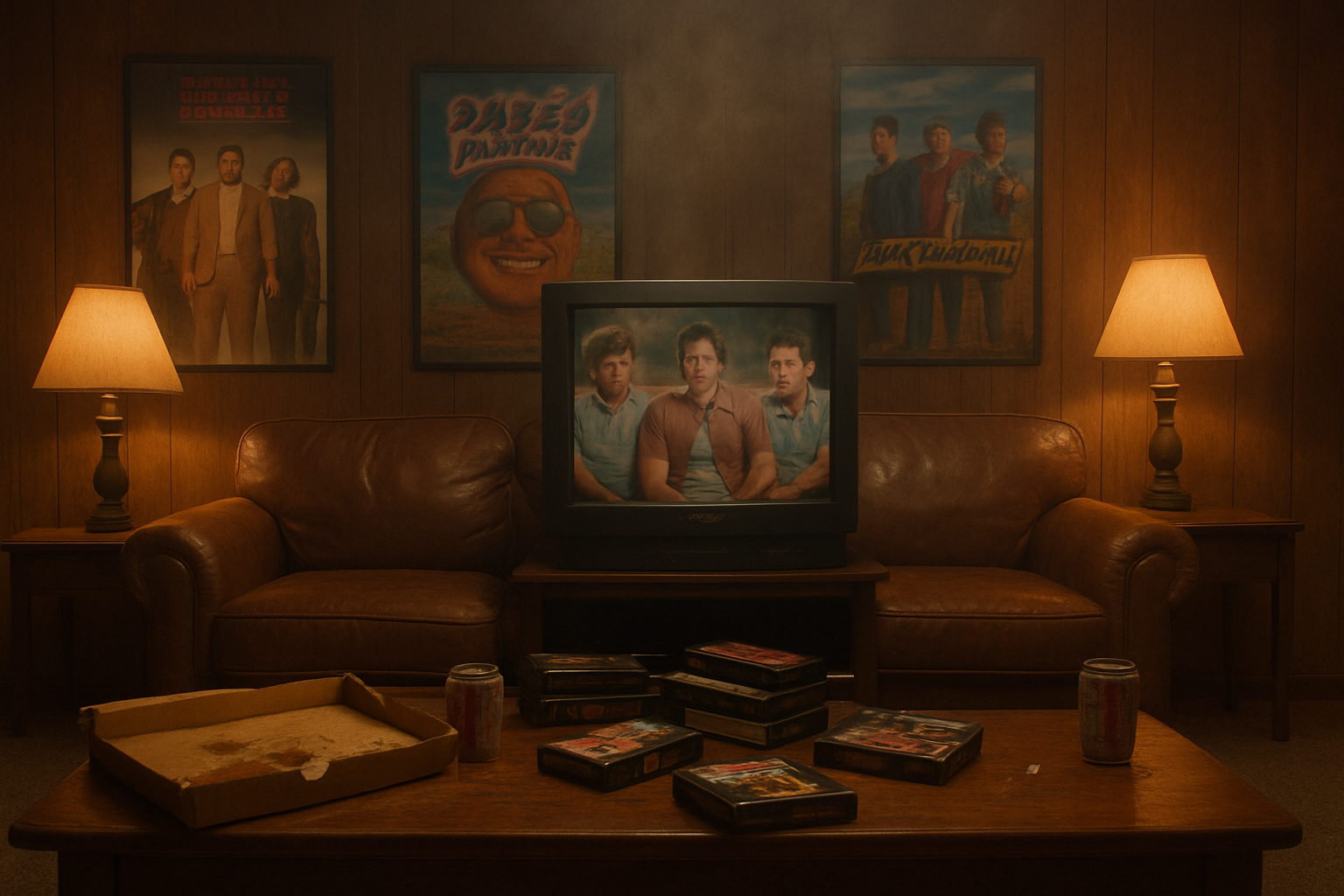 Create a realistic image of a cozy living room scene with a vintage 90s aesthetic, featuring a worn leather couch facing an old CRT television displaying a paused comedy movie scene, with VHS tapes scattered on a wooden coffee table, movie posters from 90s stoner comedies hanging on wood-paneled walls, dim warm lighting from table lamps creating a nostalgic atmosphere, empty pizza boxes and soda cans suggesting a casual movie night setting, and subtle smoke or haze in the air catching the lamplight, all conveying the laid-back cult classic movie culture of the 1990s and 2000s, absolutely NO text should be in the scene.
