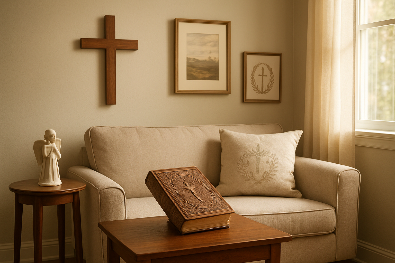 Create a realistic image of an elegant living room showcasing various Christian home decor items including a wooden cross mounted on the wall, a decorative Bible displayed on a coffee table, inspirational wall art with biblical themes, a small ceramic angel figurine on a side table, and a beautiful throw pillow with subtle religious symbols on a comfortable sofa, with warm natural lighting streaming through windows creating a peaceful and inviting atmosphere, absolutely NO text should be in the scene.