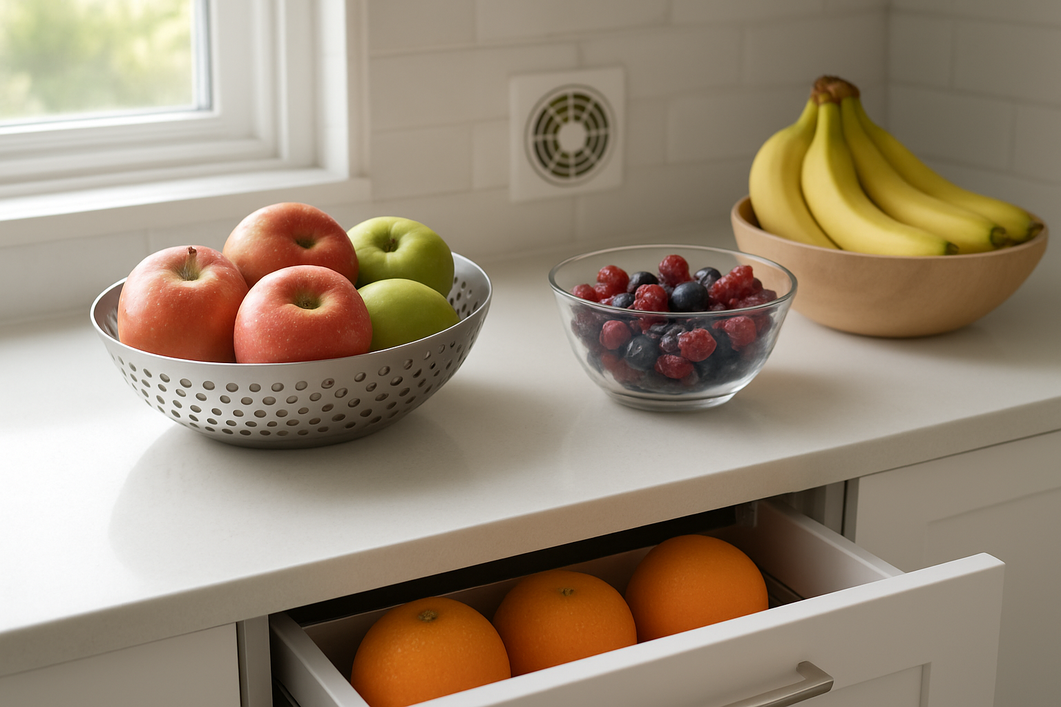 Create a realistic image of a modern kitchen counter with fresh fruits including apples, bananas, and berries stored in various containers, featuring a perforated fruit bowl for air circulation, a humidity control drawer partially open showing oranges inside, a small ventilation fan visible in the background, and water droplets on some fruit surfaces indicating controlled moisture levels, with soft natural lighting from a nearby window, clean white countertops, and a fresh, organized atmosphere. Absolutely NO text should be in the scene.