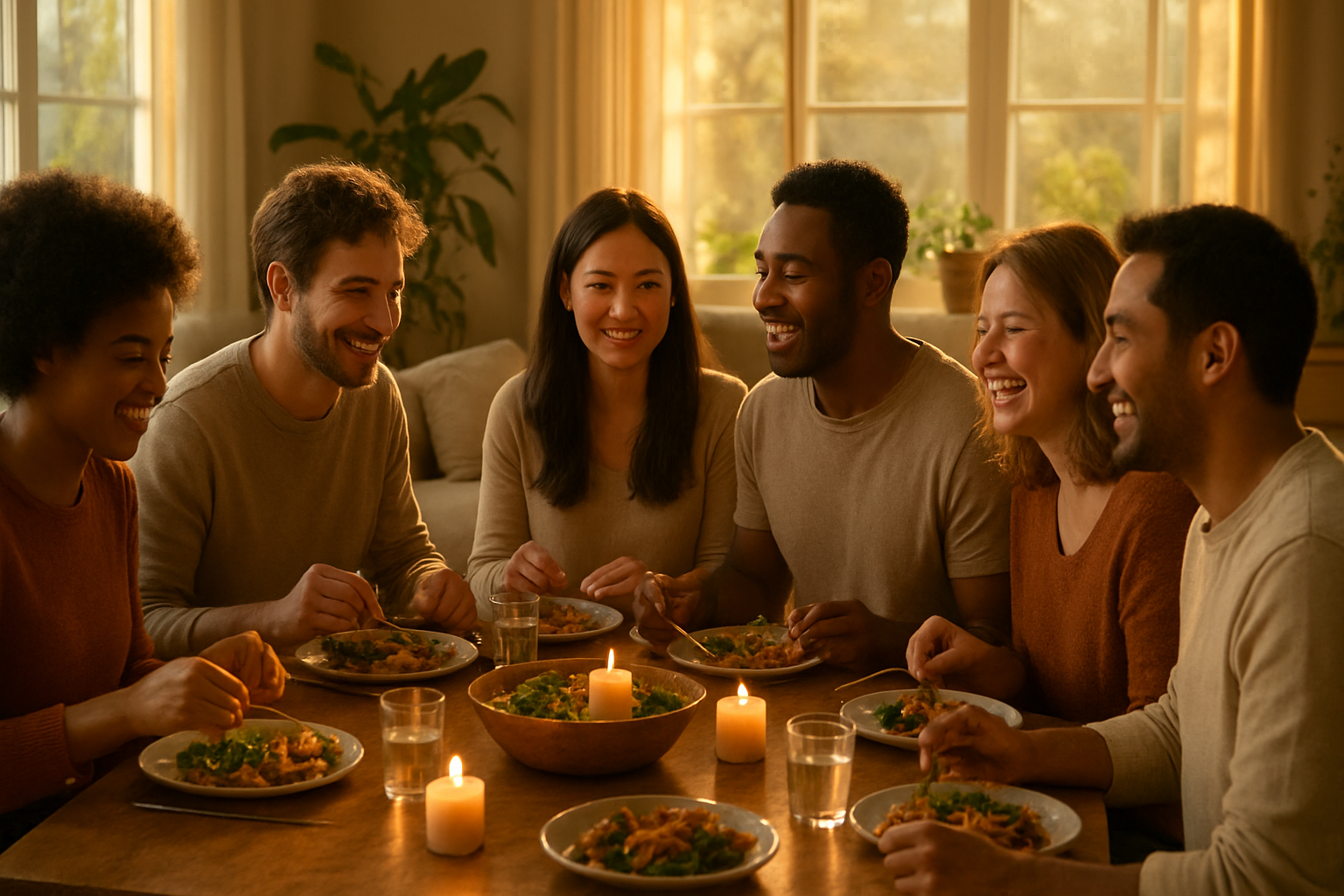 Create a realistic image of a diverse group of people of different races and genders sitting in a warm, sunlit living room, sharing a meal together around a wooden table, with soft golden light streaming through large windows, creating a peaceful and loving atmosphere, featuring warm earth tones, comfortable furniture, and gentle expressions of joy and connection on their faces, with candles softly glowing on the table and plants adding life to the background, conveying transformation through community and daily acts of love and kindness, absolutely NO text should be in the scene.