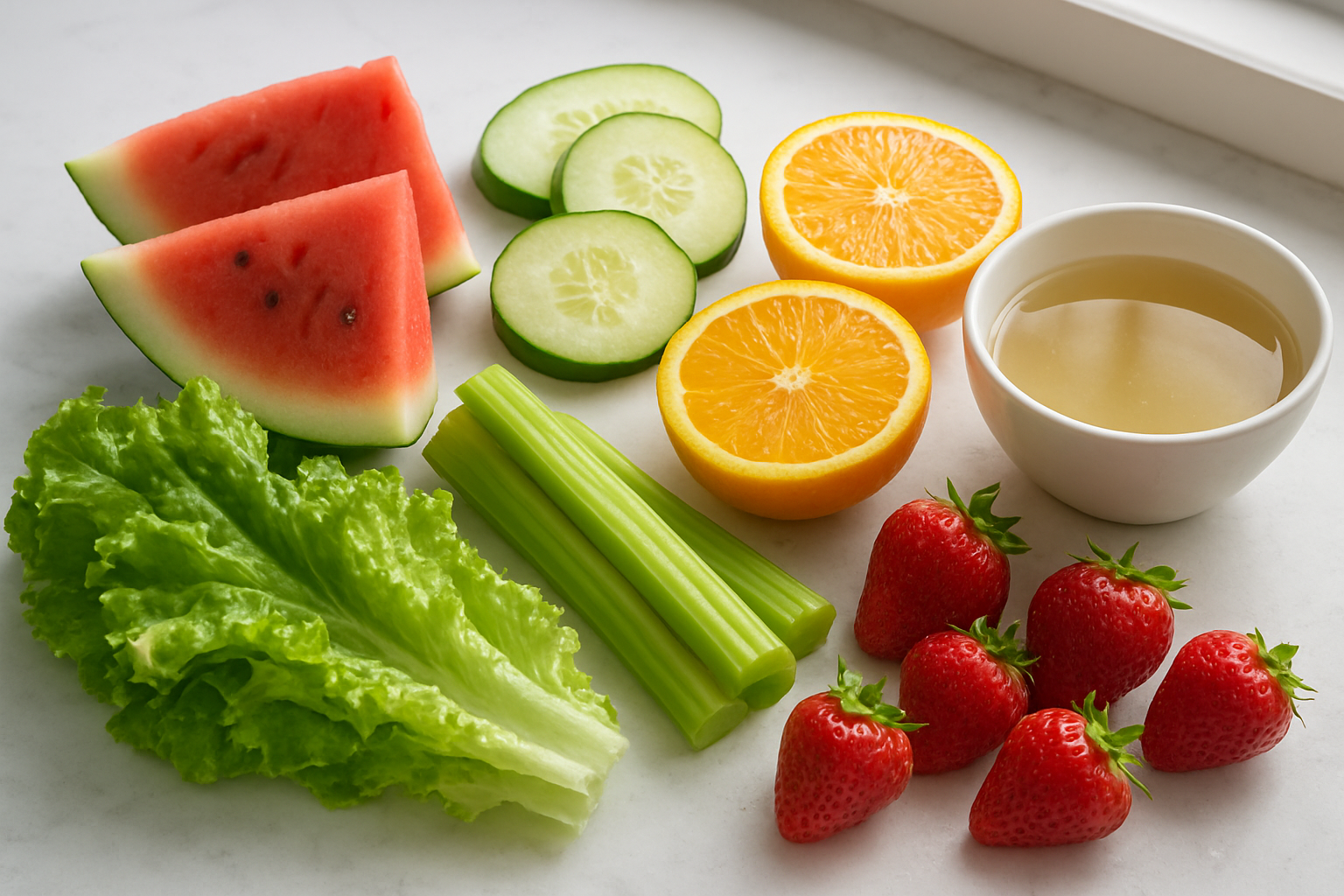 Create a realistic image of an assortment of hydrating foods arranged on a clean white marble countertop, featuring fresh watermelon slices, cucumber rounds, oranges cut in half, leafy lettuce, celery stalks, strawberries, and a bowl of clear soup, with water droplets glistening on the fresh produce, soft natural lighting from a nearby window creating gentle shadows, bright and fresh mood emphasizing the crisp, water-rich qualities of the foods, absolutely NO text should be in the scene.