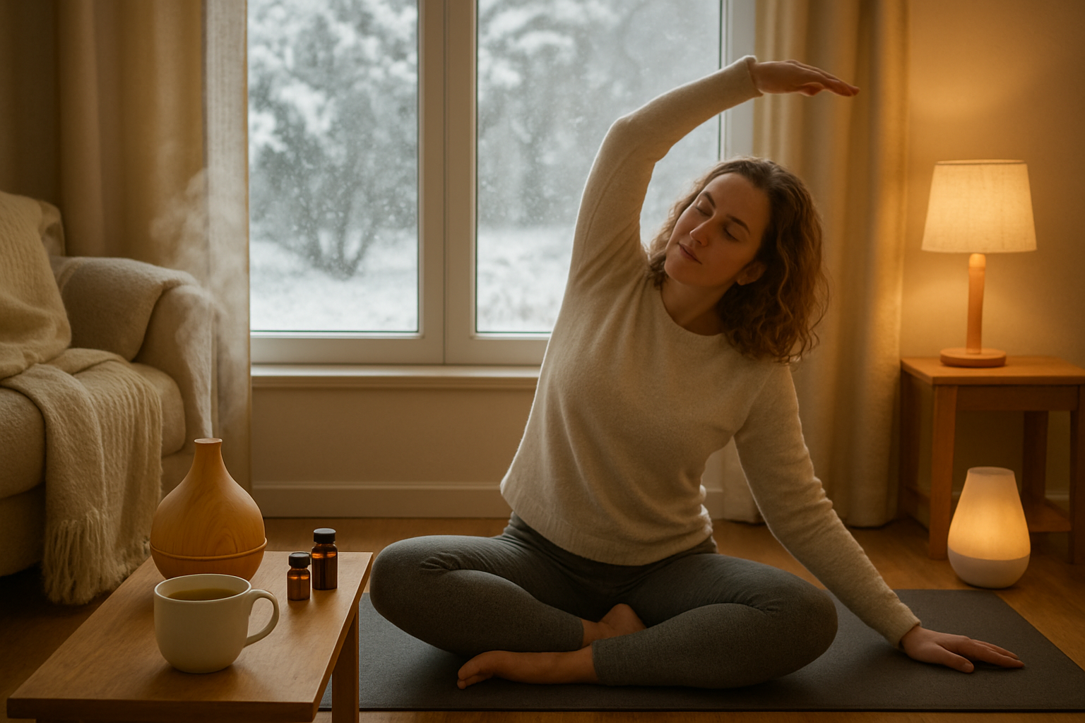 Create a realistic image of a cozy indoor wellness scene during winter with a white female in her 30s doing gentle yoga stretches on a mat near a frosted window, surrounded by winter wellness essentials including a steaming cup of herbal tea, essential oil diffuser releasing vapor, warm blankets, vitamin supplements on a wooden side table, a small humidifier, and soft warm lighting from table lamps creating a peaceful atmosphere with snow visible outside the window. Absolutely NO text should be in the scene.