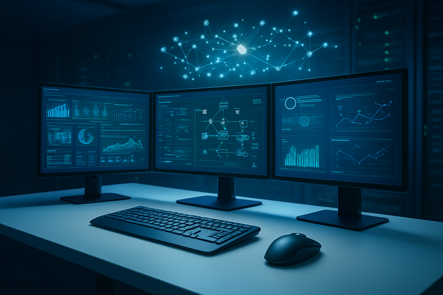 Create a realistic image of a sleek modern computer workstation with multiple high-resolution monitors displaying complex data analytics dashboards, AI algorithm flowcharts, and search optimization interfaces, featuring a futuristic keyboard and mouse setup on a clean white desk, surrounded by subtle blue and green ambient lighting that creates a high-tech atmosphere, with server racks visible in the blurred background suggesting a professional data center environment, and floating holographic elements showing interconnected nodes and data streams above the monitors to represent advanced AI search technology, absolutely NO text should be in the scene.
