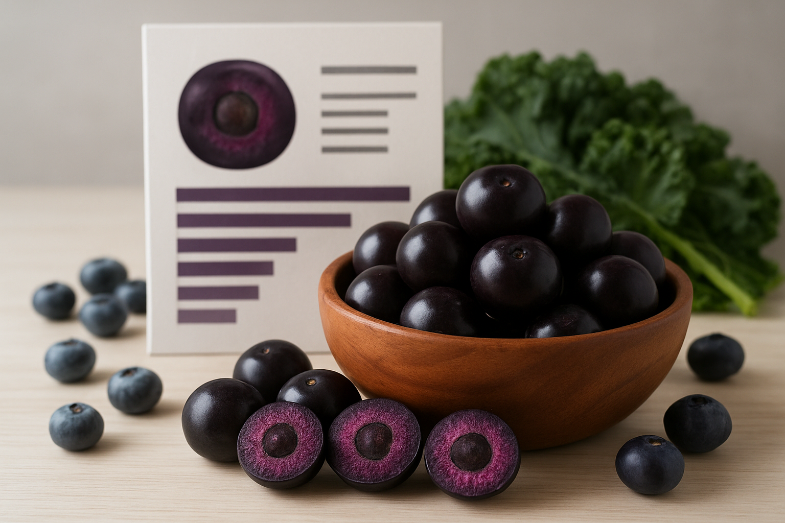Create a realistic image of fresh acai berries in a wooden bowl alongside a nutrition facts chart or infographic display board, with cross-sectioned acai berries showing their purple flesh and seed, scattered antioxidant-rich foods like blueberries and dark leafy greens in the background, soft natural lighting highlighting the deep purple color of the acai berries, clean white or light wooden surface setting, scientific and educational mood emphasizing health and nutrition benefits, absolutely NO text should be in the scene.