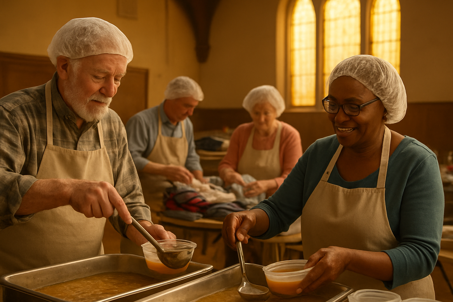 Create a realistic image of elderly white and black volunteers of mixed genders serving meals at a local church kitchen, wearing aprons and hair nets, ladling food from large serving pans into containers, with other seniors organizing donated clothes and supplies in the background, warm golden lighting streaming through church windows, creating a welcoming and compassionate atmosphere of community service, absolutely NO text should be in the scene.
