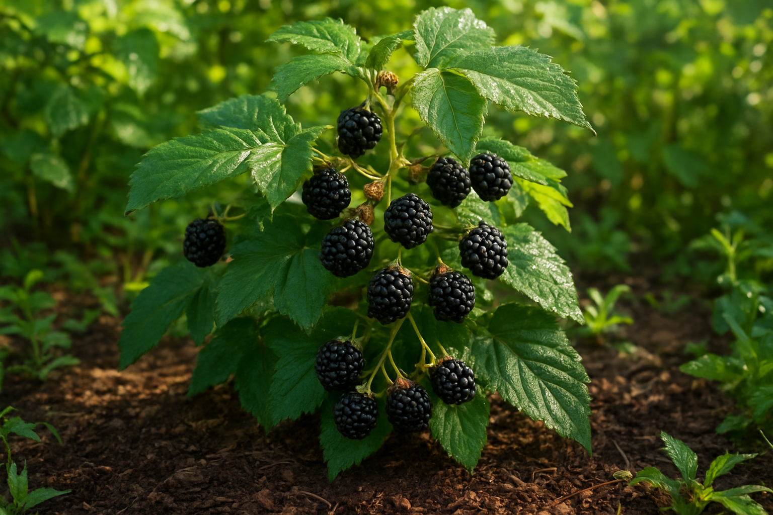 Create a realistic image of a thriving blackberry bush with ripe dark purple-black berries and green leaves growing in ideal natural conditions, showing rich, well-draining soil around the base, dappled sunlight filtering through the foliage, surrounded by other vegetation in a garden or wild setting with morning dewdrops on the leaves, demonstrating the perfect growing habitat with partial shade and organic mulch visible around the plant base. Absolutely NO text should be in the scene.