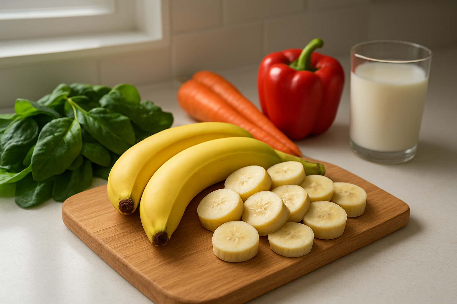 Create a realistic image of fresh apple bananas arranged on a wooden cutting board with some sliced to show their creamy white flesh, surrounded by colorful nutritious foods like leafy green spinach, vibrant orange carrots, red bell peppers, and a glass of milk, set against a clean white kitchen countertop background with natural daylight streaming in, creating a healthy and appetizing scene that emphasizes nutritional variety and wholesome eating, absolutely NO text should be in the scene.