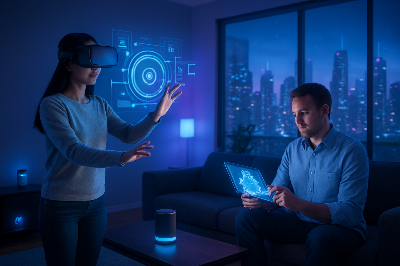 Create a realistic image of a modern living room where a young Asian female wearing VR goggles is reaching out to touch holographic digital elements floating in mid-air, while a white male sits on a sleek couch interacting with an augmented reality tablet displaying 3D projections, surrounded by smart home devices with glowing LED indicators, floor-to-ceiling windows showing a futuristic city skyline, soft ambient lighting with blue and purple tech glows illuminating the space, creating an atmosphere of cutting-edge technology seamlessly integrated into daily life, absolutely NO text should be in the scene.