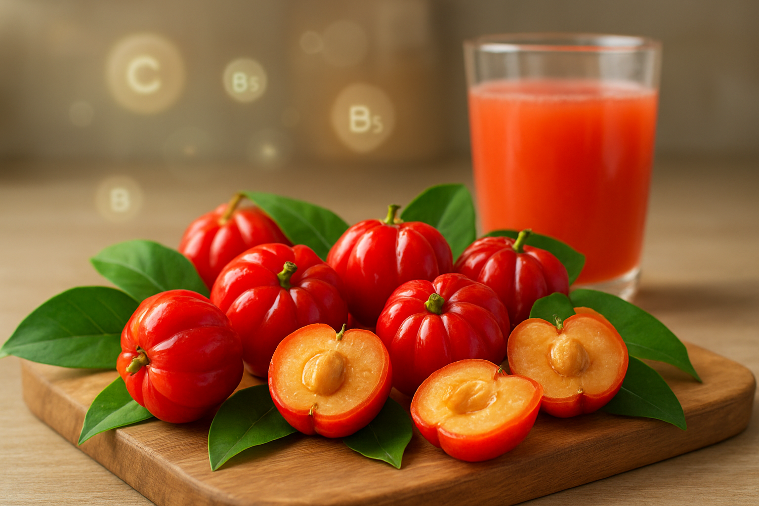 Create a realistic image of fresh Surinam cherries arranged on a wooden cutting board with some cut in half to show their inner structure, surrounded by vibrant green leaves, alongside subtle visual representations of health benefits like a glass of fresh juice, vitamin symbols floating softly in the background, warm natural lighting highlighting the rich red color and glossy texture of the fruits, clean kitchen counter setting with soft focus background, absolutely NO text should be in the scene.