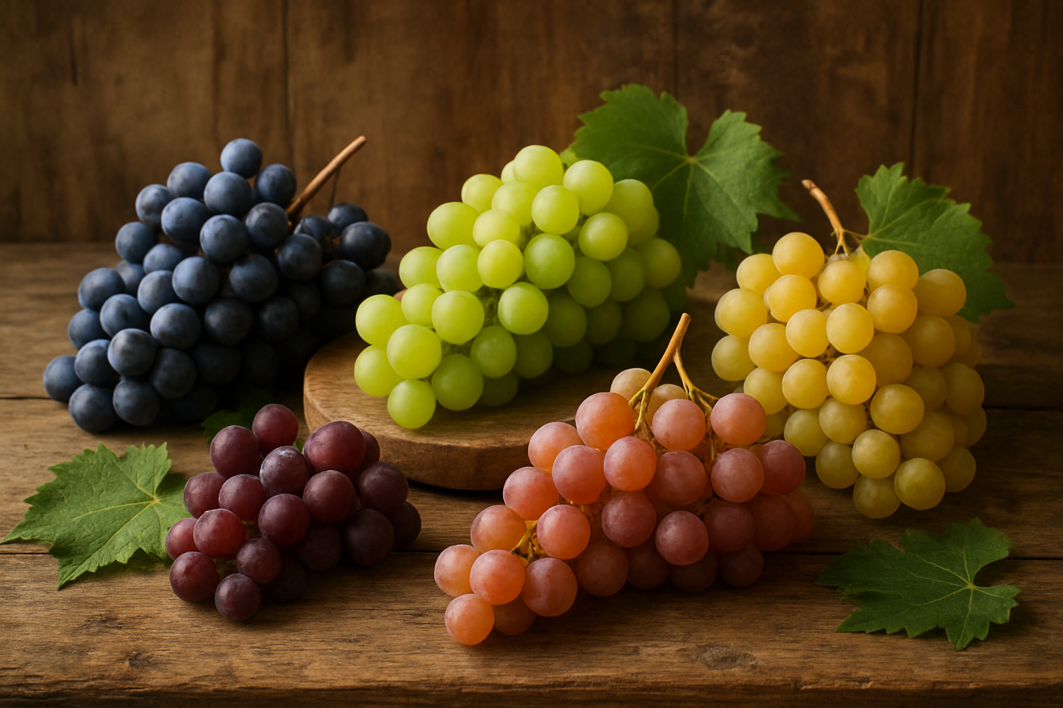 Create a realistic image of an artfully arranged display showcasing various types of grapes including deep purple wine grapes, bright green table grapes, small dark red grapes, golden yellow grapes, and light pink grapes, all clustered naturally on wooden surfaces with soft natural lighting from the side, featuring rich textures and vibrant colors that highlight the diversity of grape varieties, with a rustic wooden background and scattered vine leaves for context, absolutely NO text should be in the scene.