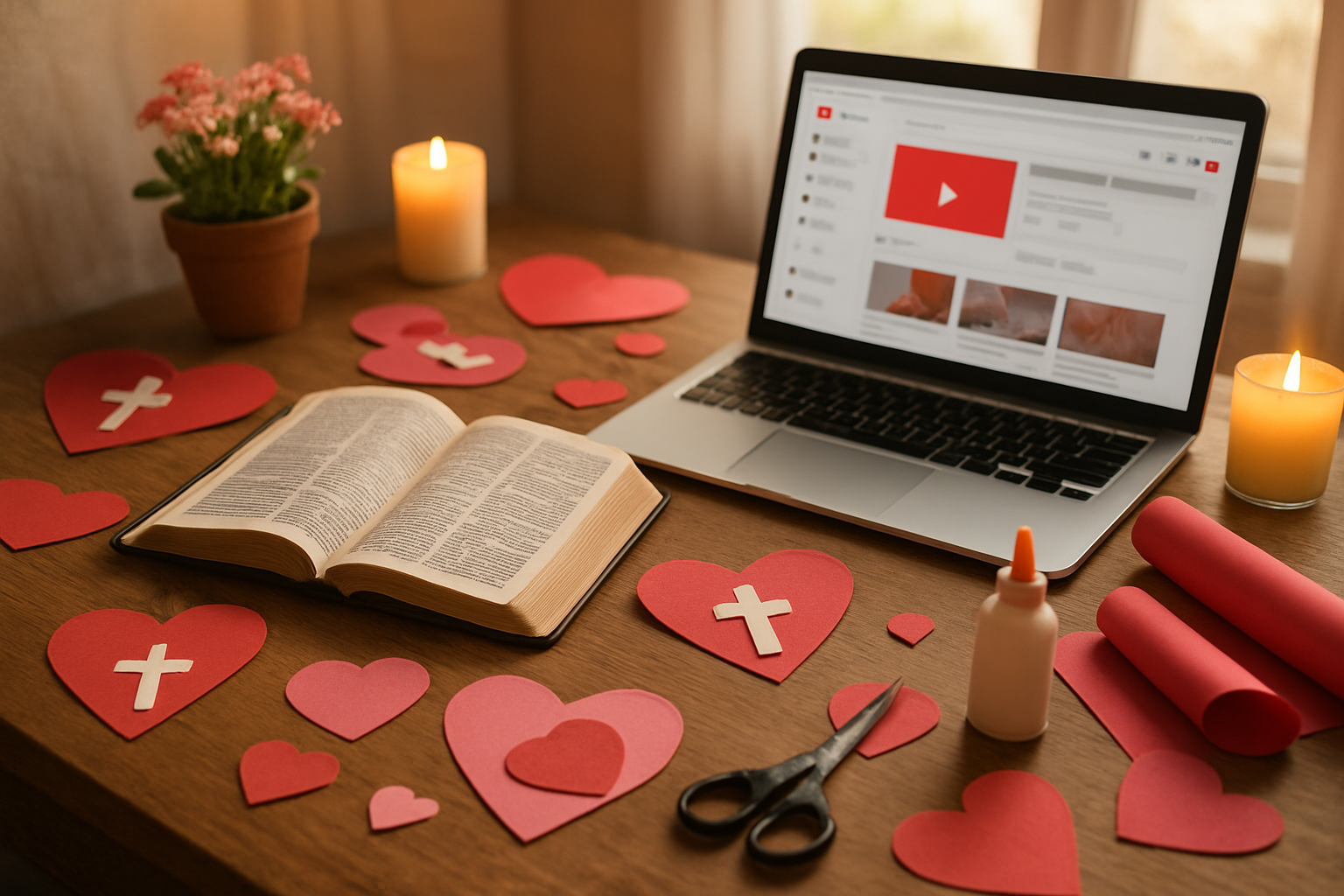 Create a realistic image of a warm, inviting scene featuring a wooden desk with Christian-themed Valentine's crafting materials including heart-shaped decorations with cross symbols, red and pink paper crafts, a Holy Bible opened to 1 Corinthians 13, a laptop computer displaying a YouTube creator dashboard, small potted flowers, candles creating soft ambient lighting, and craft supplies like scissors and glue scattered naturally around the workspace, with soft natural lighting streaming through a window in the background creating a cozy, creative atmosphere that reflects faith-based content creation for Valentine's season, absolutely NO text should be in the scene.
