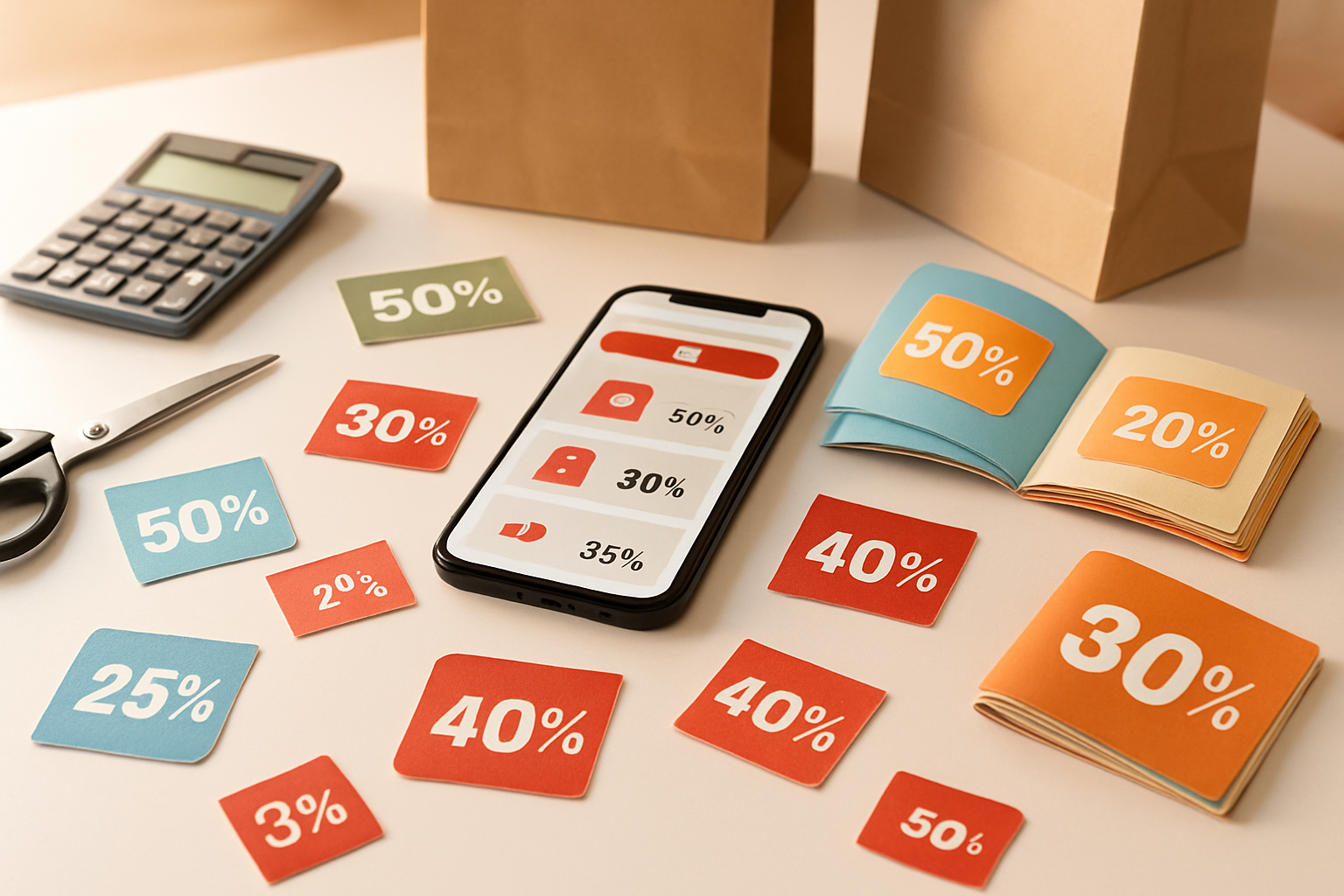 Create a realistic image of a shopping scene with discount coupons, promotional codes, and percentage-off tags scattered on a clean white surface, alongside a smartphone displaying a shopping app with deals, colorful coupon books opened to reveal savings offers, scissors for cutting coupons, a calculator, and shopping bags in the background, warm natural lighting creating an organized and inviting atmosphere that suggests smart shopping and maximizing savings, absolutely NO text should be in the scene.