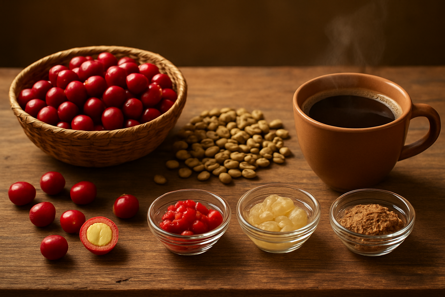 Create a realistic image of a rustic wooden table displaying the complete coffee cherry journey, featuring fresh red coffee cherries in a woven basket, dried coffee beans scattered beside it, a cross-section of a coffee cherry showing the bean inside, coffee cherry pulp and processed byproducts in small glass bowls, and a steaming cup of brewed coffee, all arranged against a warm, naturally lit background with soft golden lighting that creates an inviting and educational atmosphere showcasing the full lifecycle from fruit to final product, absolutely NO text should be in the scene.