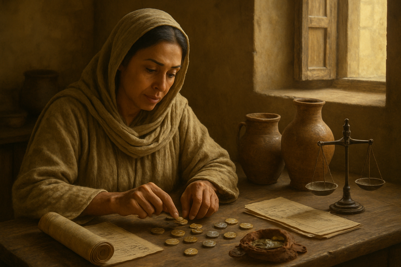 Create a realistic image of a Middle Eastern woman in biblical-era clothing carefully counting gold and silver coins at a wooden table, with clay jars filled with grain and oil, a small scale for weighing precious metals, rolled parchments with accounting records, and a leather pouch containing more coins nearby, set in a well-organized ancient home interior with warm natural lighting from a window, conveying wisdom and careful financial management. Absolutely NO text should be in the scene.