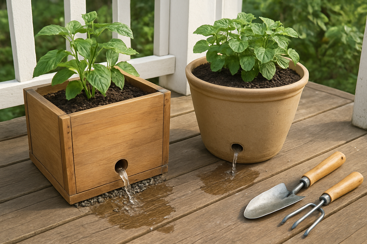 Create a realistic image of front porch planters with visible drainage solutions including drainage holes in the bottom of wooden and ceramic containers, small rocks and gravel layers at the base of planters, and excess water flowing out onto a wooden porch deck, with gardening tools nearby and natural outdoor lighting, showing a practical DIY setup that demonstrates effective water drainage methods for container gardening, absolutely NO text should be in the scene.