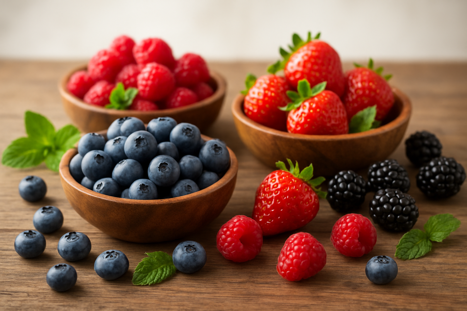 Create a realistic image of a vibrant assortment of fresh berries including blueberries, strawberries, raspberries, and blackberries arranged in wooden bowls and scattered naturally on a rustic wooden table surface, with soft natural lighting from a window creating gentle shadows, surrounded by fresh green mint leaves as garnish, photographed from a slightly elevated angle to showcase the rich colors and textures of the berries, with a clean bright background suggesting health and vitality, absolutely NO text should be in the scene.