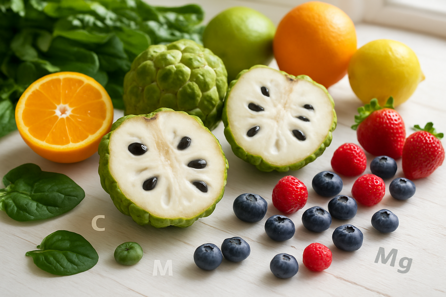 Create a realistic image of fresh custard apples cut in half displaying their creamy white flesh and dark seeds, arranged alongside colorful fresh fruits like oranges, berries, and leafy green vegetables on a clean white wooden table, with scattered vitamins and minerals symbols subtly integrated into the composition, bright natural lighting from a nearby window creating a healthy and vibrant atmosphere, shot from a slightly elevated angle to showcase the nutritious spread, absolutely NO text should be in the scene.