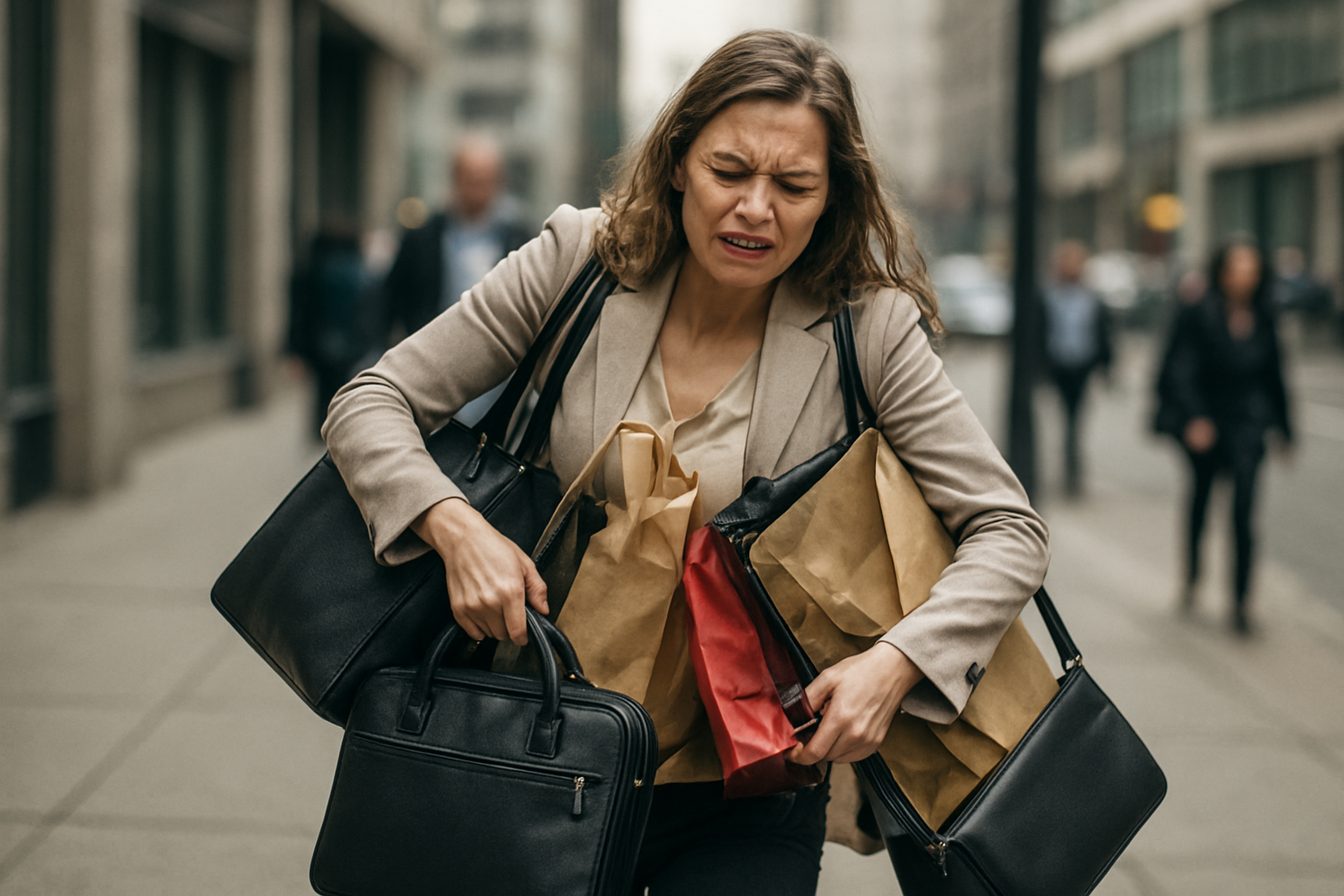 Create a realistic image of a frustrated white female office worker struggling to carry multiple heavy bags including a laptop bag, purse, and shopping bags while walking on a busy city sidewalk, her face showing strain and discomfort as items spill from an overstuffed tote bag, with a blurred urban background of office buildings and pedestrians, captured in natural daylight with a slightly chaotic and overwhelming mood that emphasizes the daily challenge of juggling multiple carrying tasks, absolutely NO text should be in the scene.