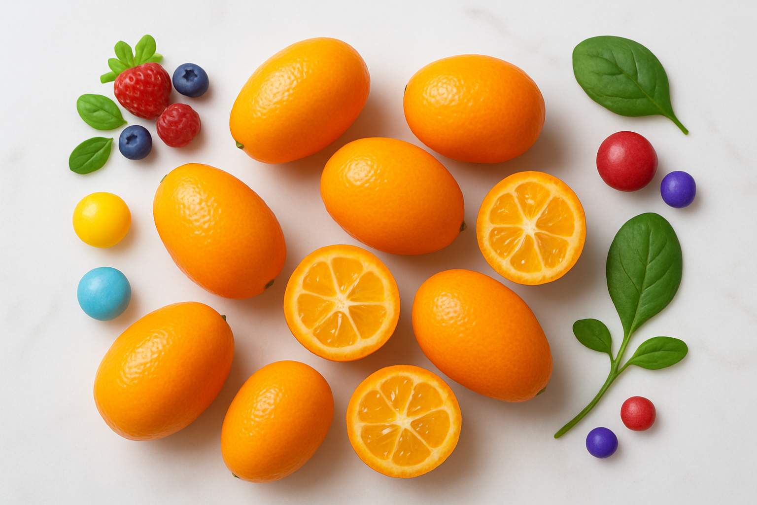 Create a realistic image of fresh kumquats arranged in an artistic display showcasing their nutritional benefits, with whole and halved kumquats revealing their bright orange flesh and seeds, surrounded by subtle visual elements like vitamin symbols, antioxidant representations through colorful berries and leafy greens, all arranged on a clean white marble surface with soft natural lighting from above creating gentle shadows, emphasizing the vibrant orange color and healthy appearance of the fruits, absolutely NO text should be in the scene.