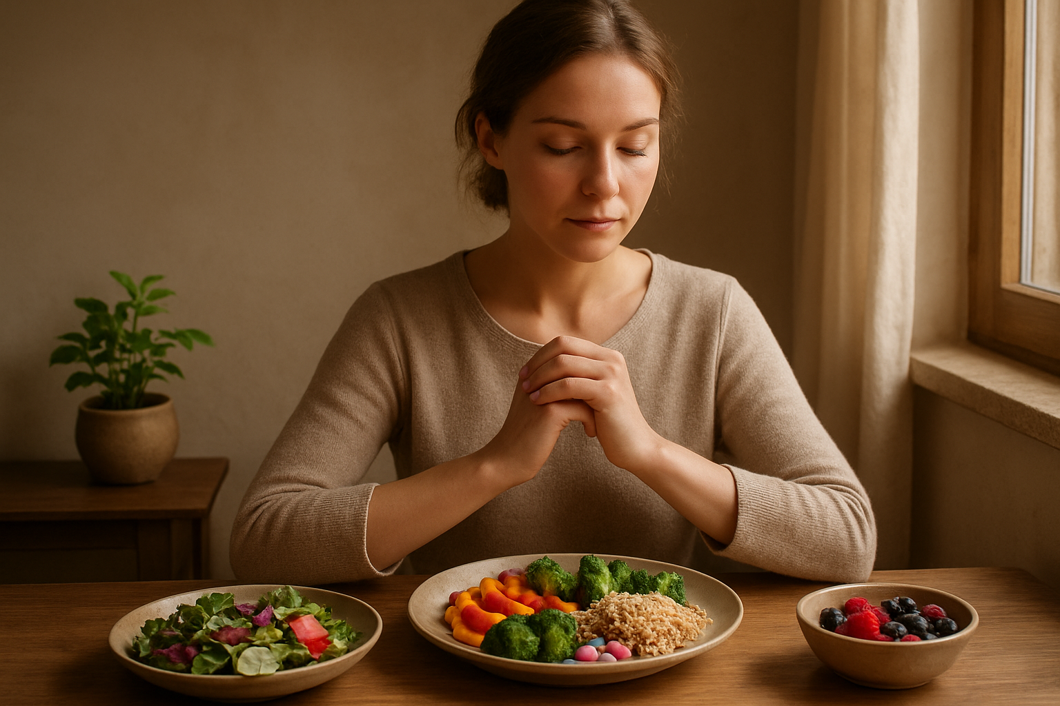 Create a realistic image of a serene dining scene showing a white female sitting at a wooden table with a beautifully arranged healthy meal including colorful vegetables, grains, and fruits on ceramic plates, her hands positioned mindfully near the food in a contemplative eating pose, surrounded by natural elements like a small potted plant and soft natural lighting streaming through a nearby window, creating a peaceful and mindful atmosphere that represents the successful achievement of mindful eating goals, with warm earth tones and soft shadows enhancing the tranquil mood, absolutely NO text should be in the scene.