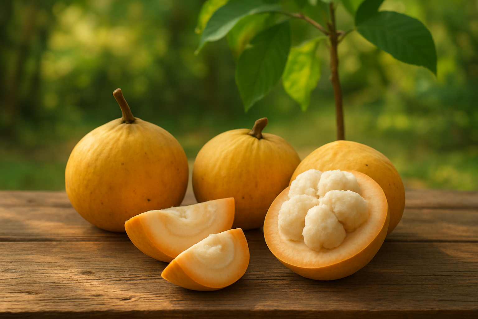 Create a realistic image of fresh santol fruits arranged on a rustic wooden table, showing whole golden-yellow santol fruits alongside cut pieces revealing the white segmented flesh inside, with a young santol tree with green leaves visible in the soft-focused background, natural warm sunlight filtering through creating gentle shadows, creating a peaceful tropical garden atmosphere that summarizes the complete journey from growing to enjoying this unique cotton fruit, absolutely NO text should be in the scene.