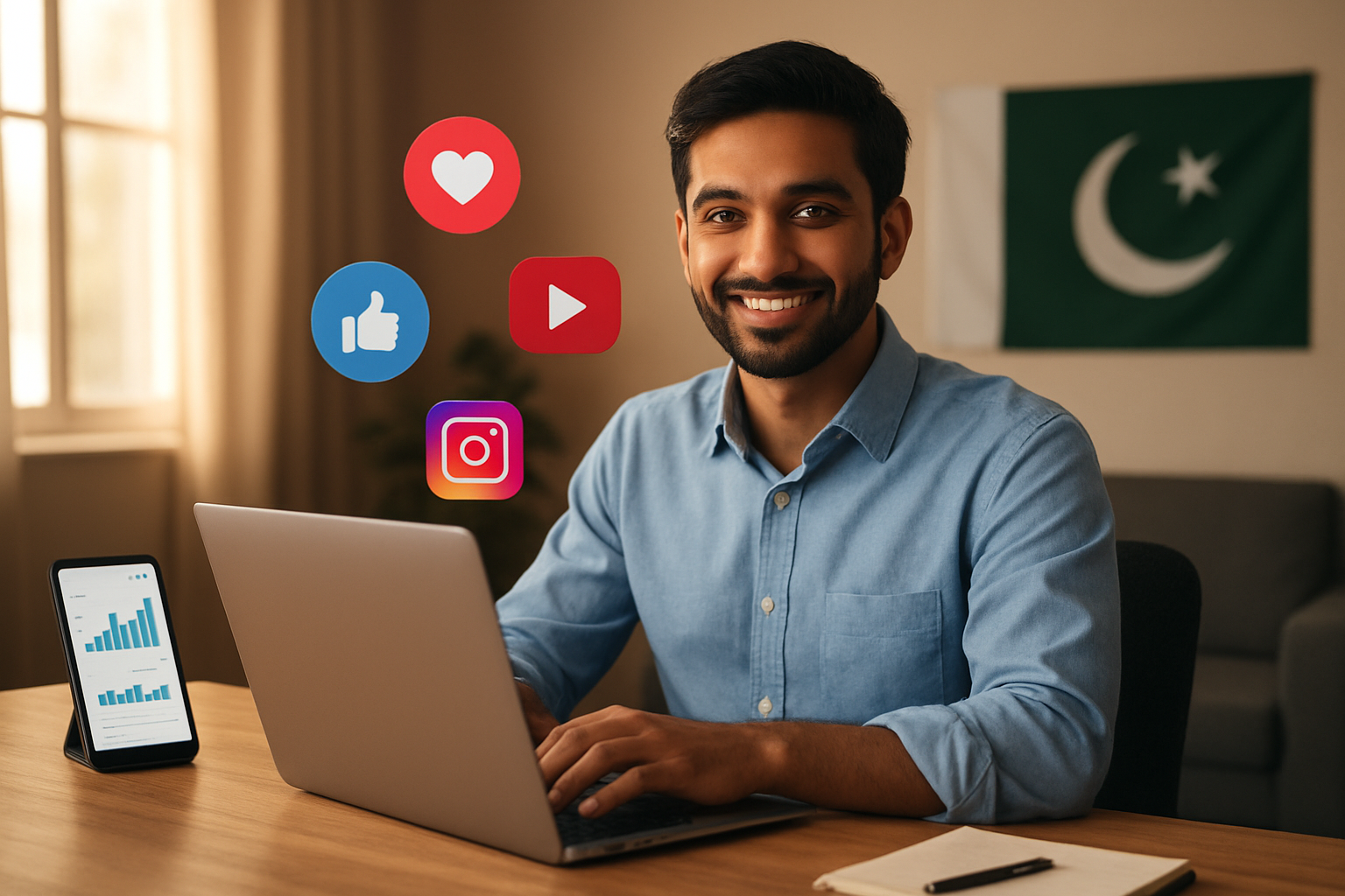 Create a realistic image of a South Asian male blogger sitting at a modern desk with a laptop computer, surrounded by digital marketing elements including social media icons floating in the air, a smartphone displaying analytics graphs, and a Pakistani flag subtly placed in the background, with warm natural lighting from a window, creating a professional and inspiring workspace atmosphere that conveys online success and digital presence building, absolutely NO text should be in the scene.