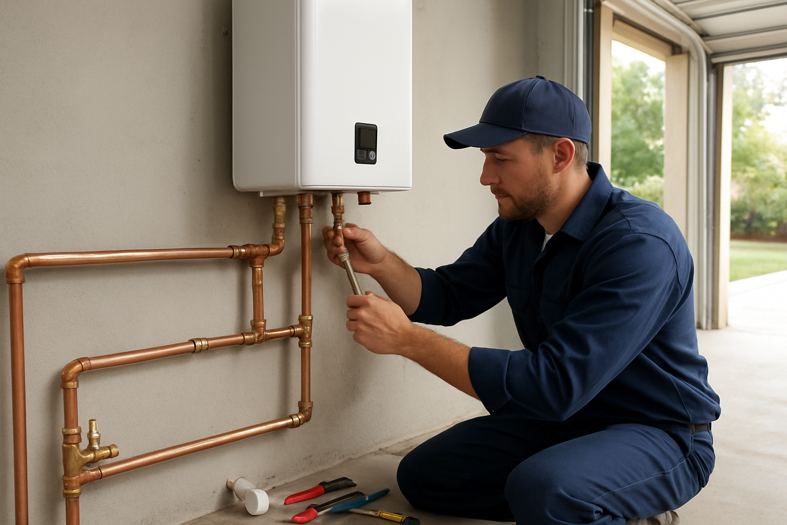 Create a realistic image of a professional white male plumber in work uniform installing a new white tankless water heater on a garage wall, with copper pipes, fittings, and plumbing tools visible around the work area, set in a clean residential garage with natural lighting from an open garage door, showing the plumber actively connecting pipes to the unit. Absolutely NO text should be in the scene.