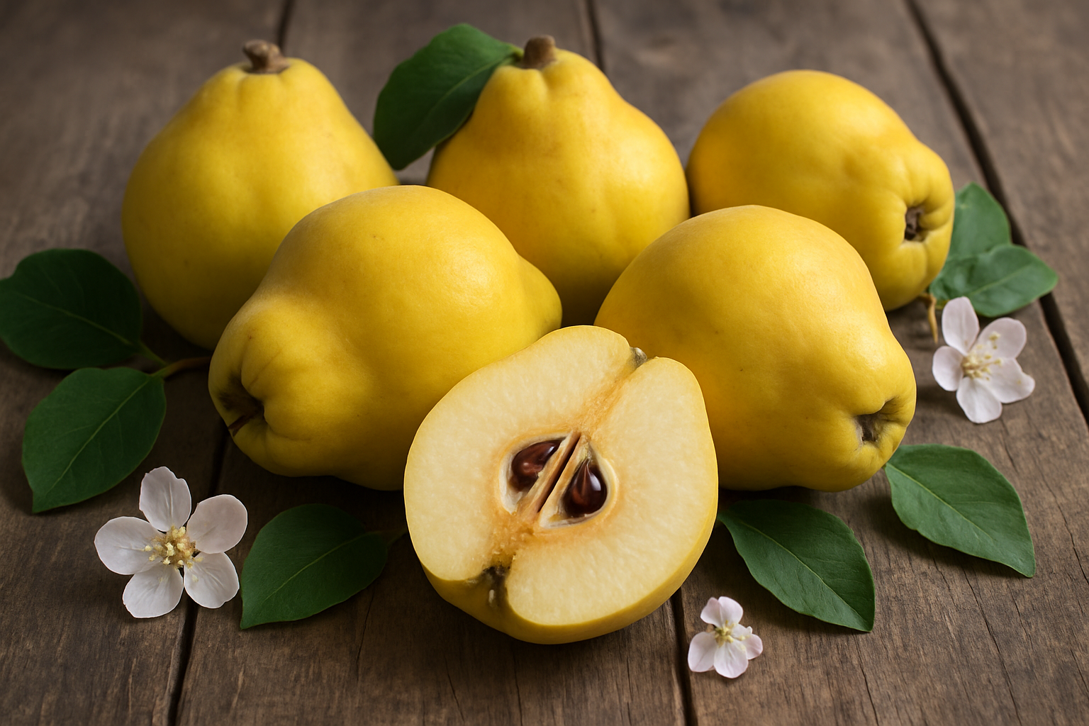 Create a realistic image of fresh whole quince fruits arranged on a rustic wooden surface, showing their distinctive golden-yellow pear-like shape and fuzzy skin texture, with one quince cut in half to reveal the pale flesh and dark seeds inside, accompanied by quince leaves and small white-pink blossoms scattered around, shot in natural daylight with soft shadows, creating an educational and appetizing display that showcases the basic characteristics of quince fruit, absolutely NO text should be in the scene.