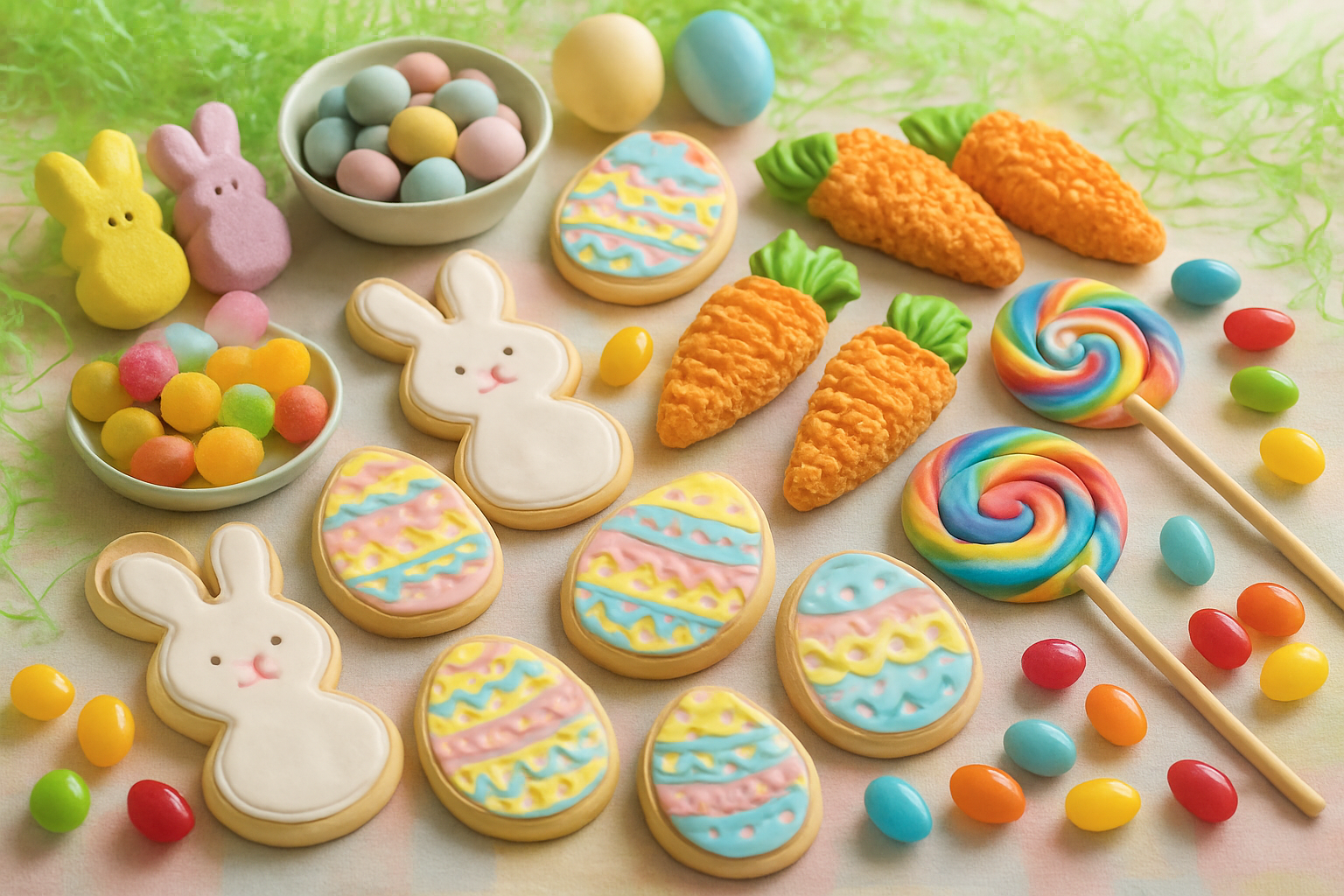 Create a realistic image of a colorful Easter-themed spread of non-chocolate sweet treats and edible delights arranged on a pastel tablecloth, featuring decorated sugar cookies shaped like Easter eggs and bunnies, colorful marshmallow peeps, fruit gummies in spring colors, candy-coated almonds in egg-shaped containers, homemade rice crispy treats shaped like carrots with orange icing, rainbow-colored lollipops, and jelly beans scattered around, with soft natural lighting creating a warm and inviting atmosphere, Easter grass as decorative elements, and a few painted hard-boiled eggs in the background, absolutely NO text should be in the scene.